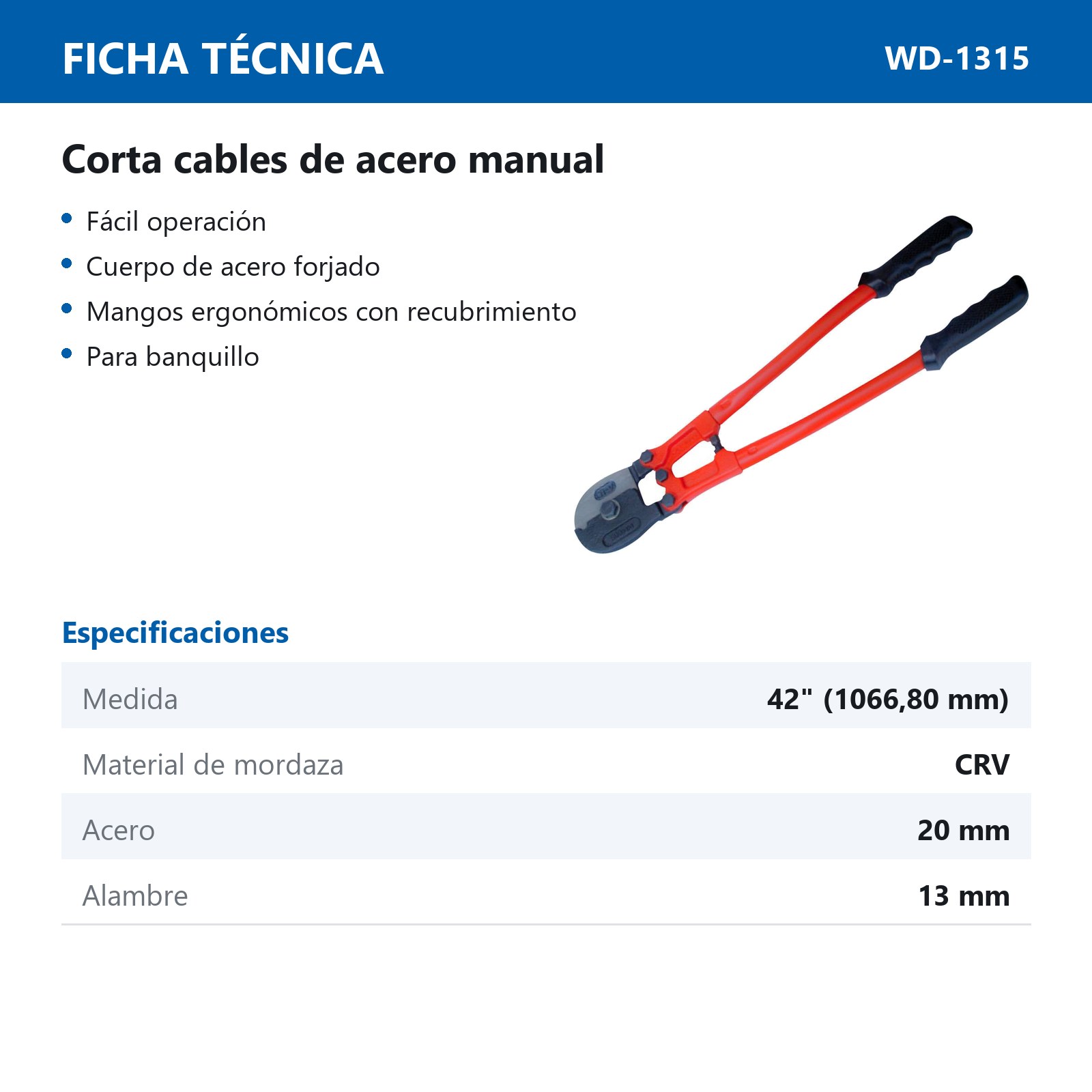 CORTACABLE DE ACERO MANUAL USO PESADO, 42 - Imagen 2
