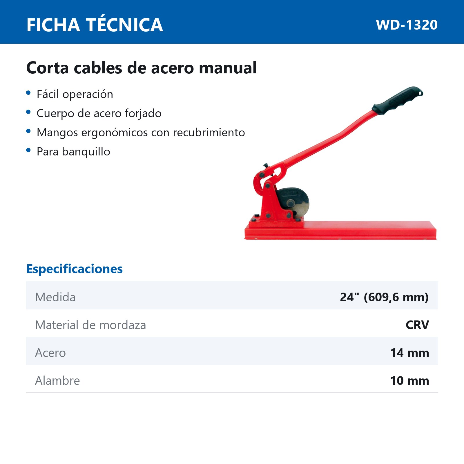 CORTACABLE DE ACERO MANUAL USO PESADO PARA BANQUILLO, 24 - Imagen 2