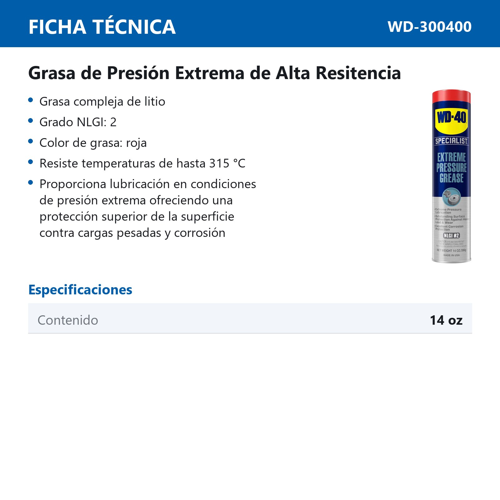 WD-40 SPECIALIST GRASA DE PRESION EXTREMA DE ALTA RESITENCIA 14 OZ - Imagen 2