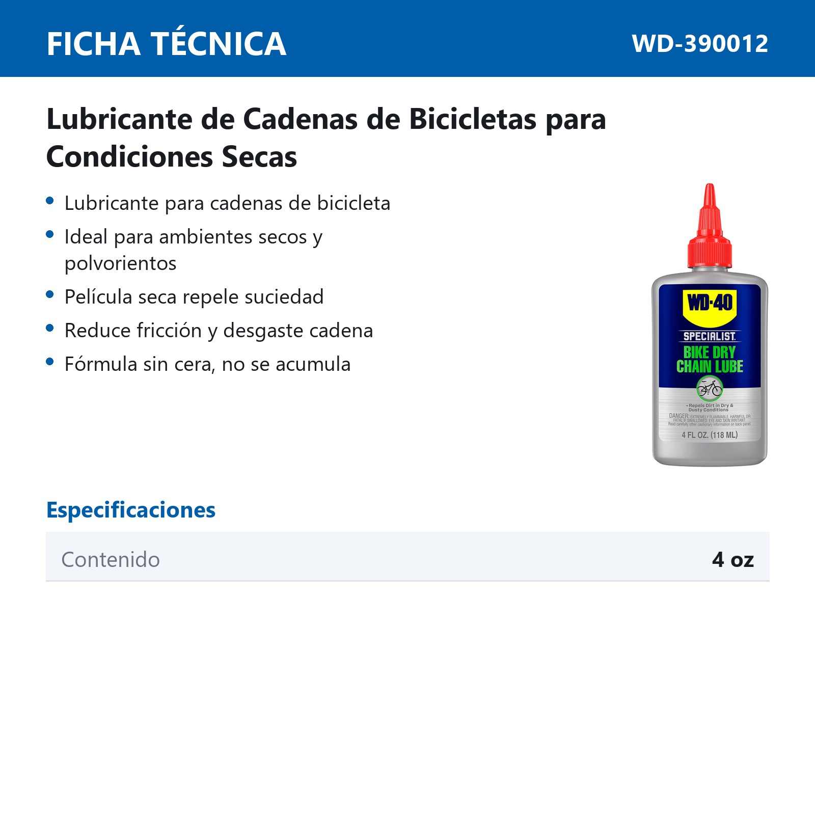 WD-40 BIKE LUBRICANTE DE CADENAS PARA CONDICIONES SECAS 4 OZ. - Imagen 2