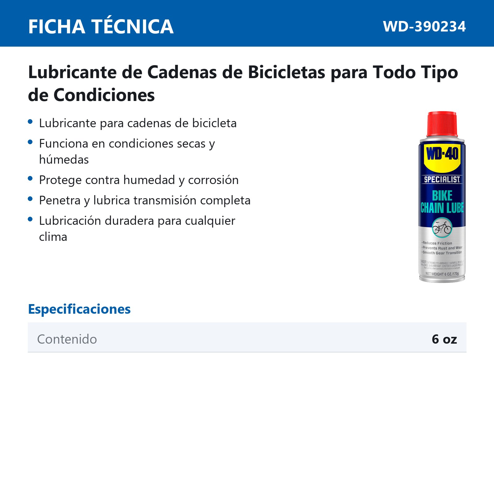 WD-40 BIKE LUBRICANTE DE CADENAS PARA TODO TIPO DE CONDICIONES 6 OZ. - Imagen 3