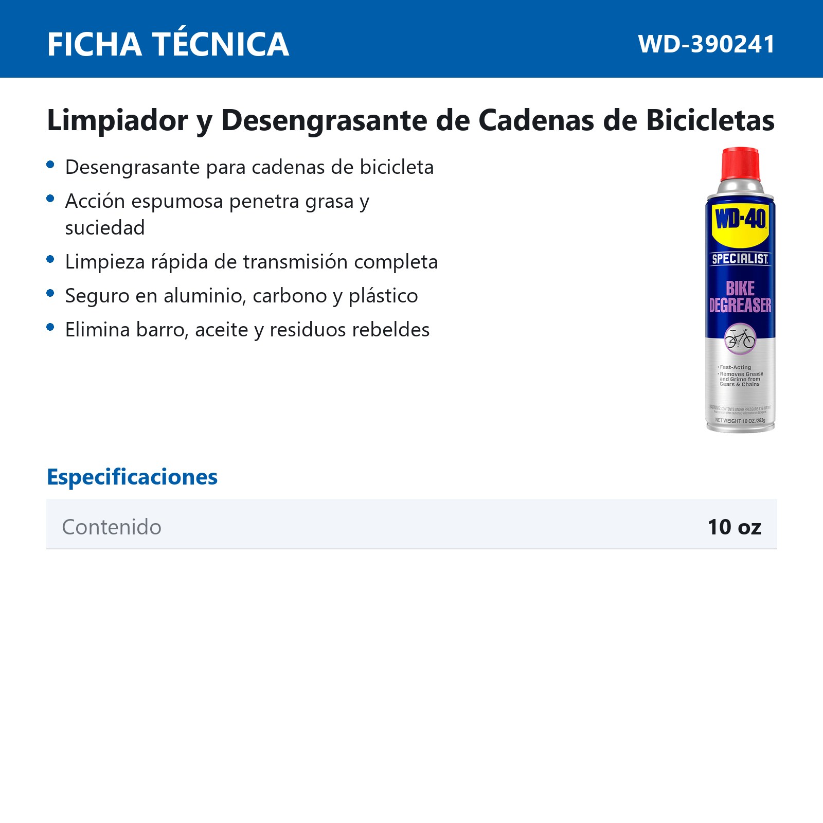 WD-40 BIKE LIMPIADOR Y DESENGRASANTE DE CADENAS 10 OZ. - Imagen 2
