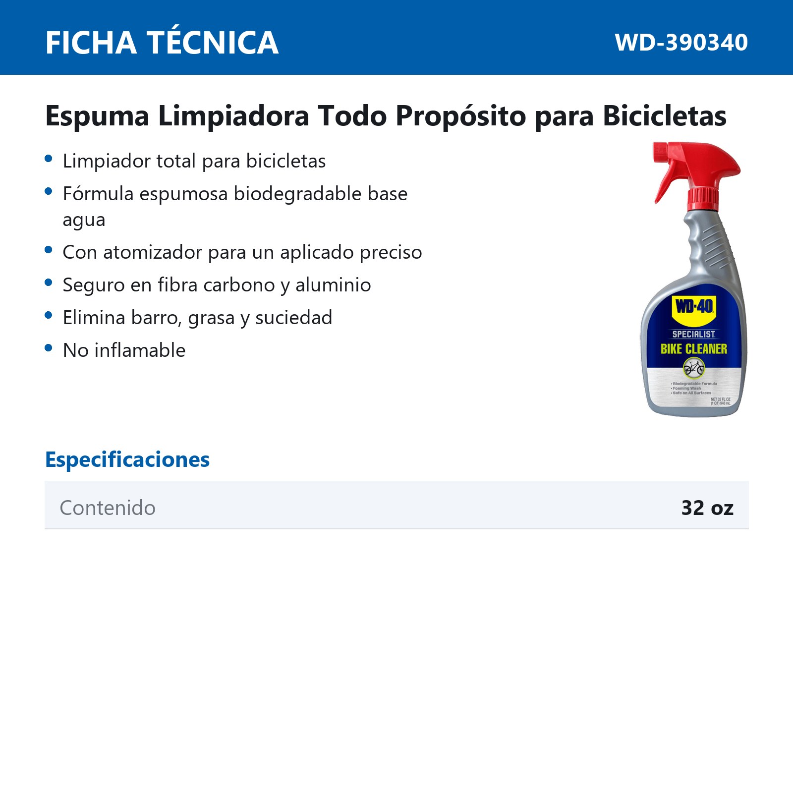 WD-40 BIKE ESPUMA LIMPIADORA TODO PROPOSITO CON ATOMIZADOR 32 OZ. - Imagen 4