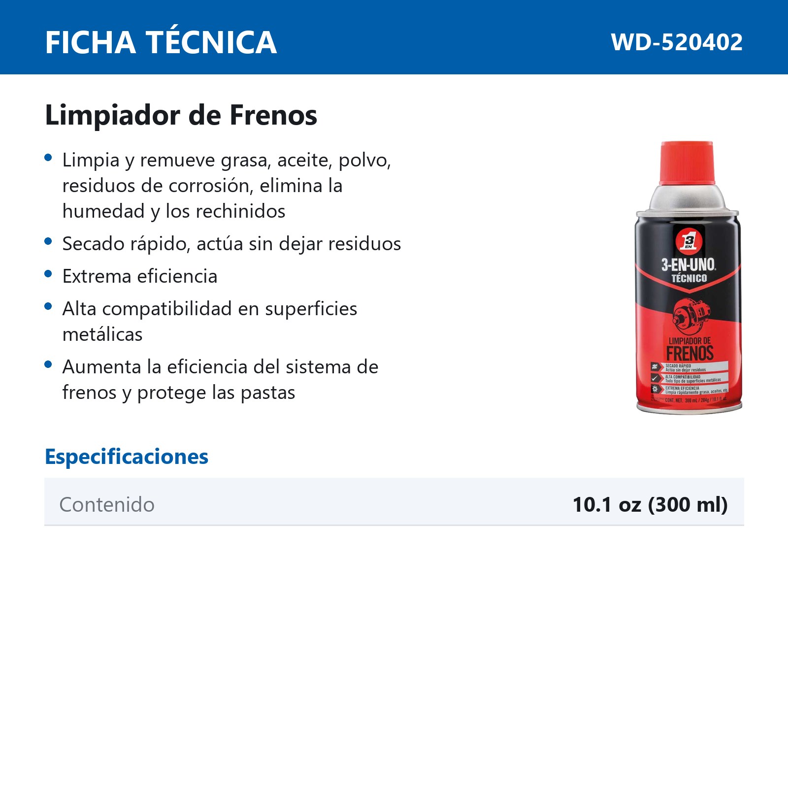 3-EN-UNO TECNICO LIMPIADOR DE FRENOS 300ML - Imagen 2