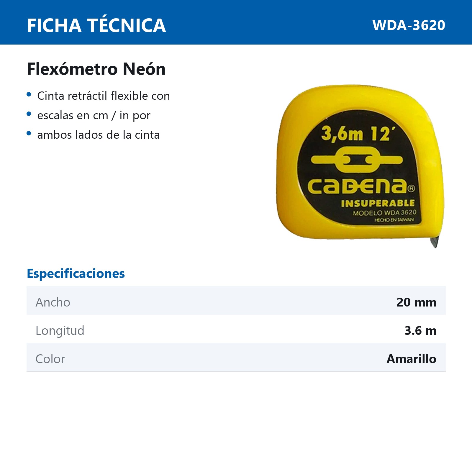 FLEXOMETRO CADENA 3.6 MTS NEON - Imagen 2