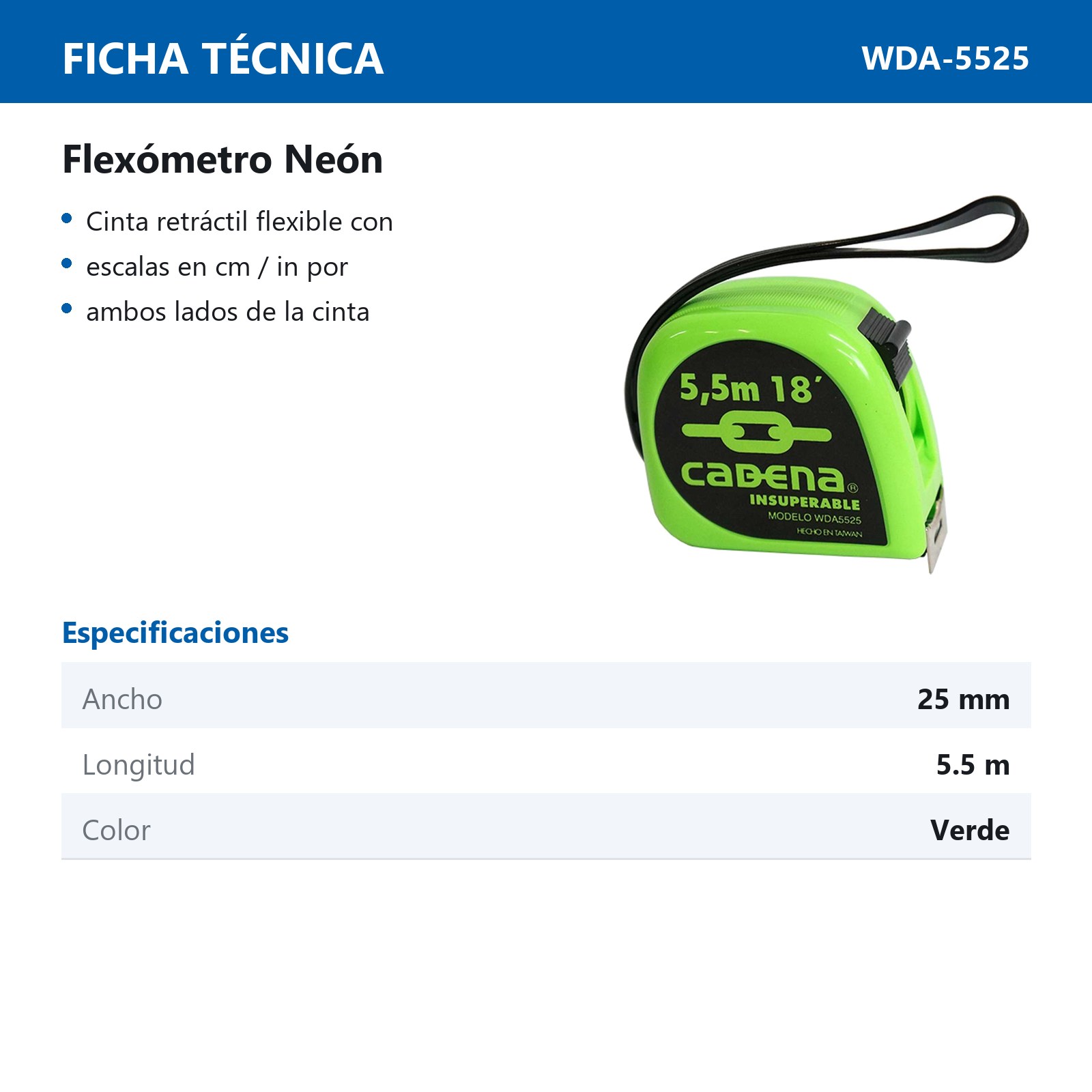 FLEXOMETRO CADENA 5.5 MTS NEON - Imagen 2