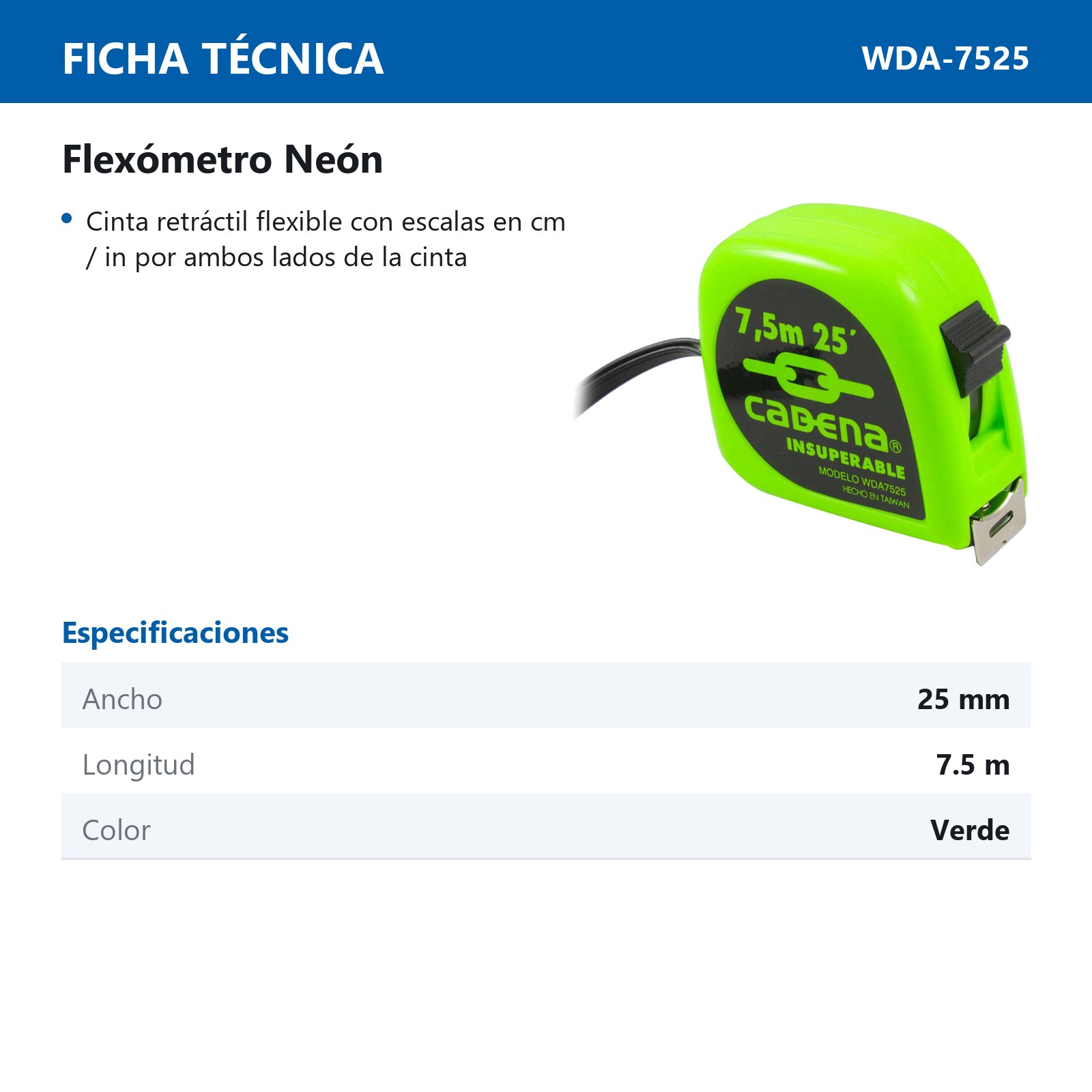 FLEXOMETRO CADENA 7.5 MTS NEON - Imagen 2