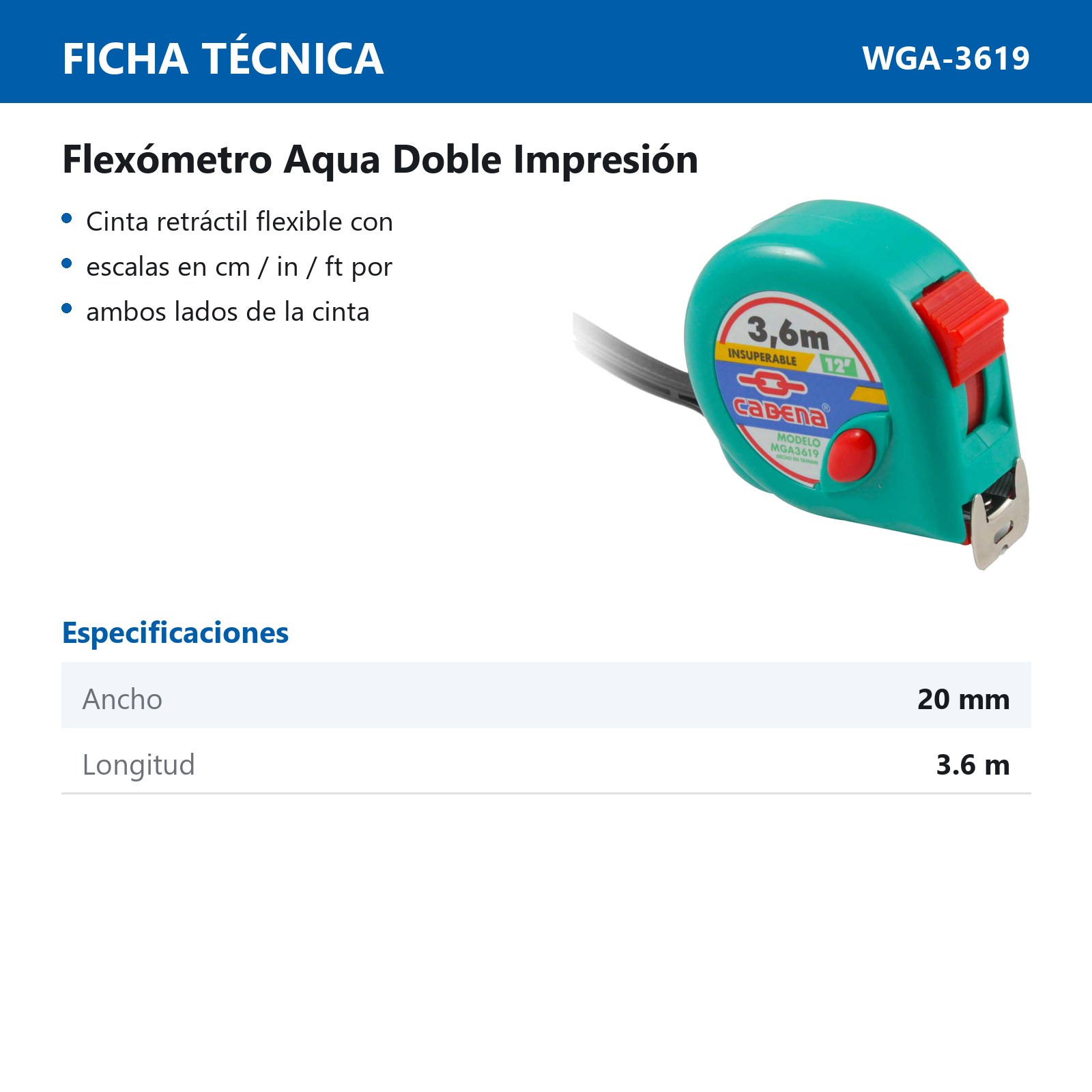 FLEXOMETRO CADENA 3.6 MTS AQUA - Imagen 2