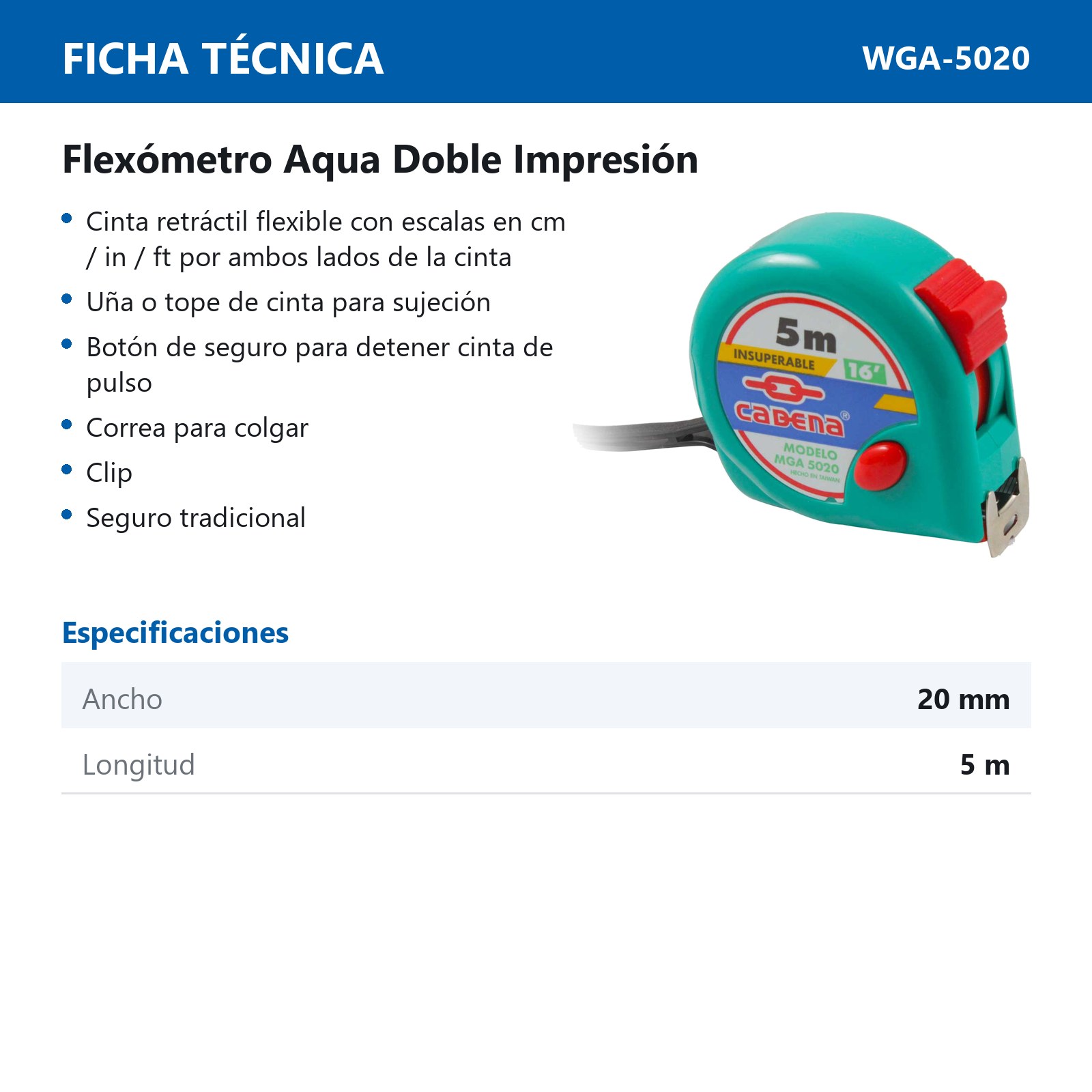 FLEXOMETRO CADENA 5 MTS AQUA - Imagen 2