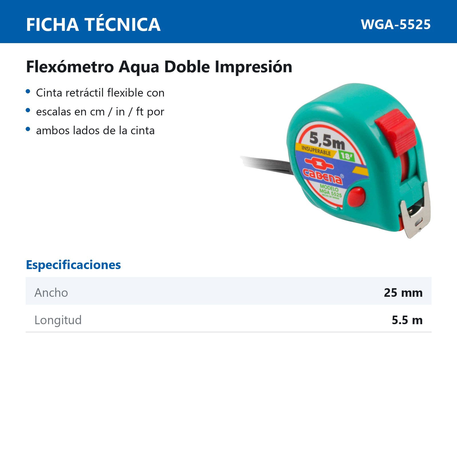FLEXOMETRO CADENA 5.5 MTS AQUA 25MM ANCH - Imagen 2