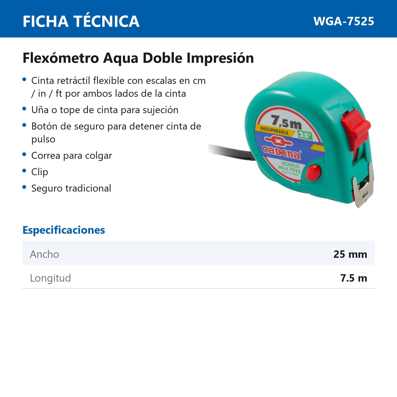 FLEXOMETRO CADENA 7.5 MTS AQUA - Imagen 2