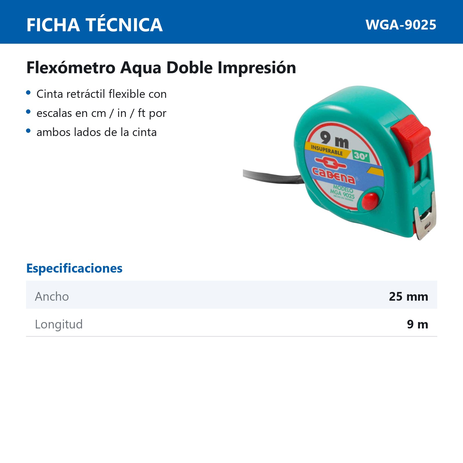 FLEXOMETRO CADENA 9.0 MTS AQUA - Imagen 2
