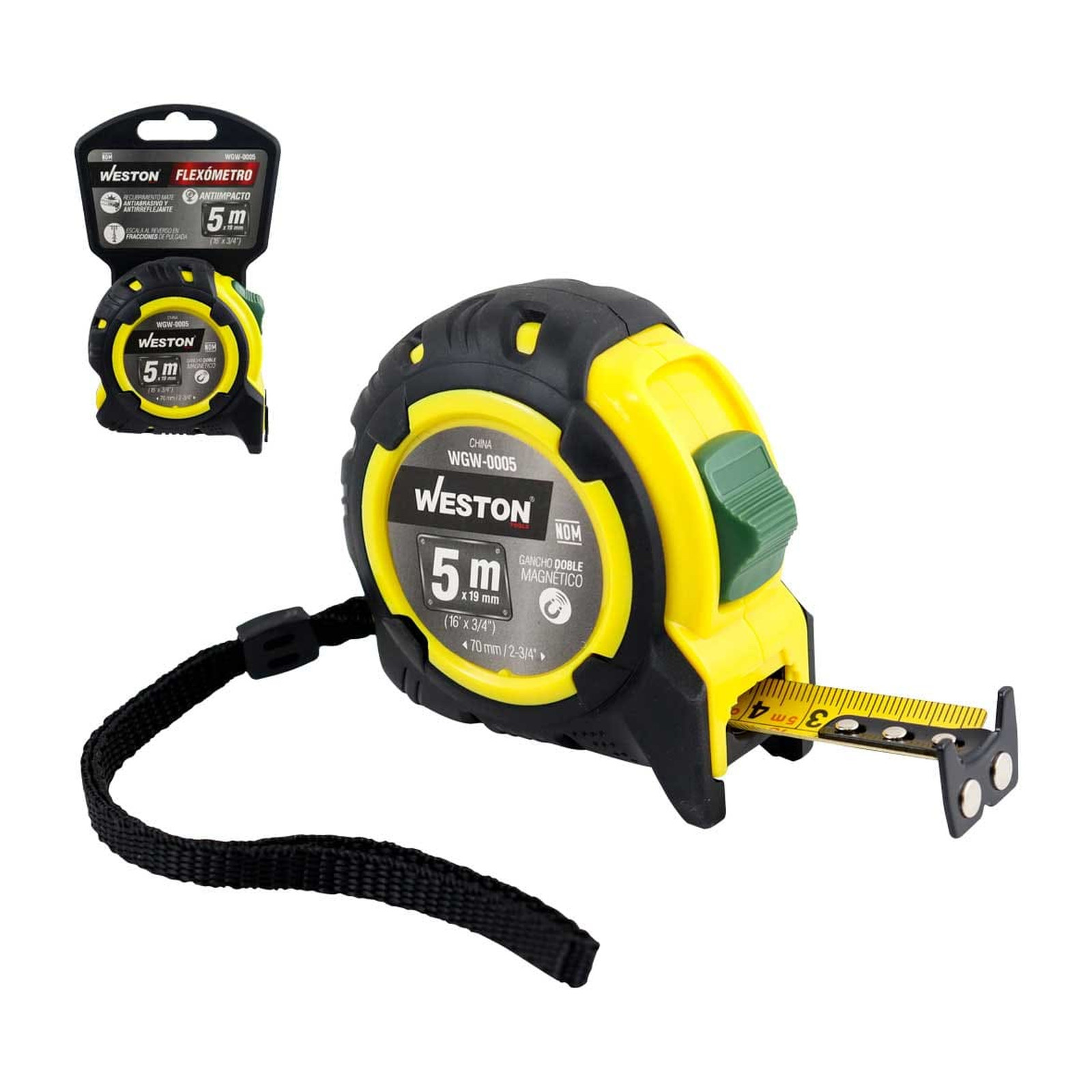 Flexómetro 5m x 19mm Amarillo Anti Impacto Weston