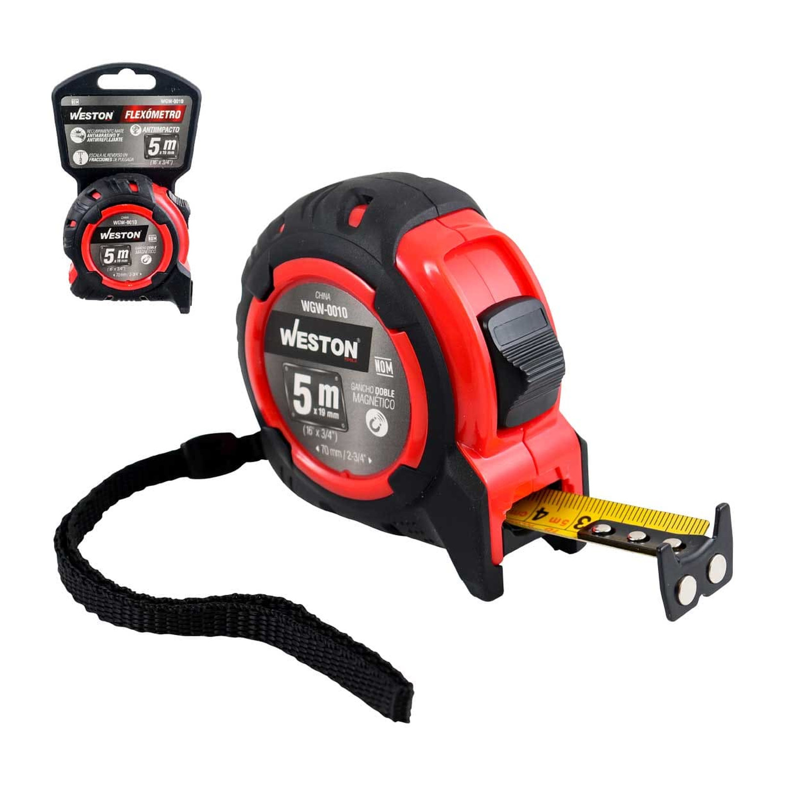 Flexómetro 5 m x 19 mm Anti Impacto Rojo WESTON