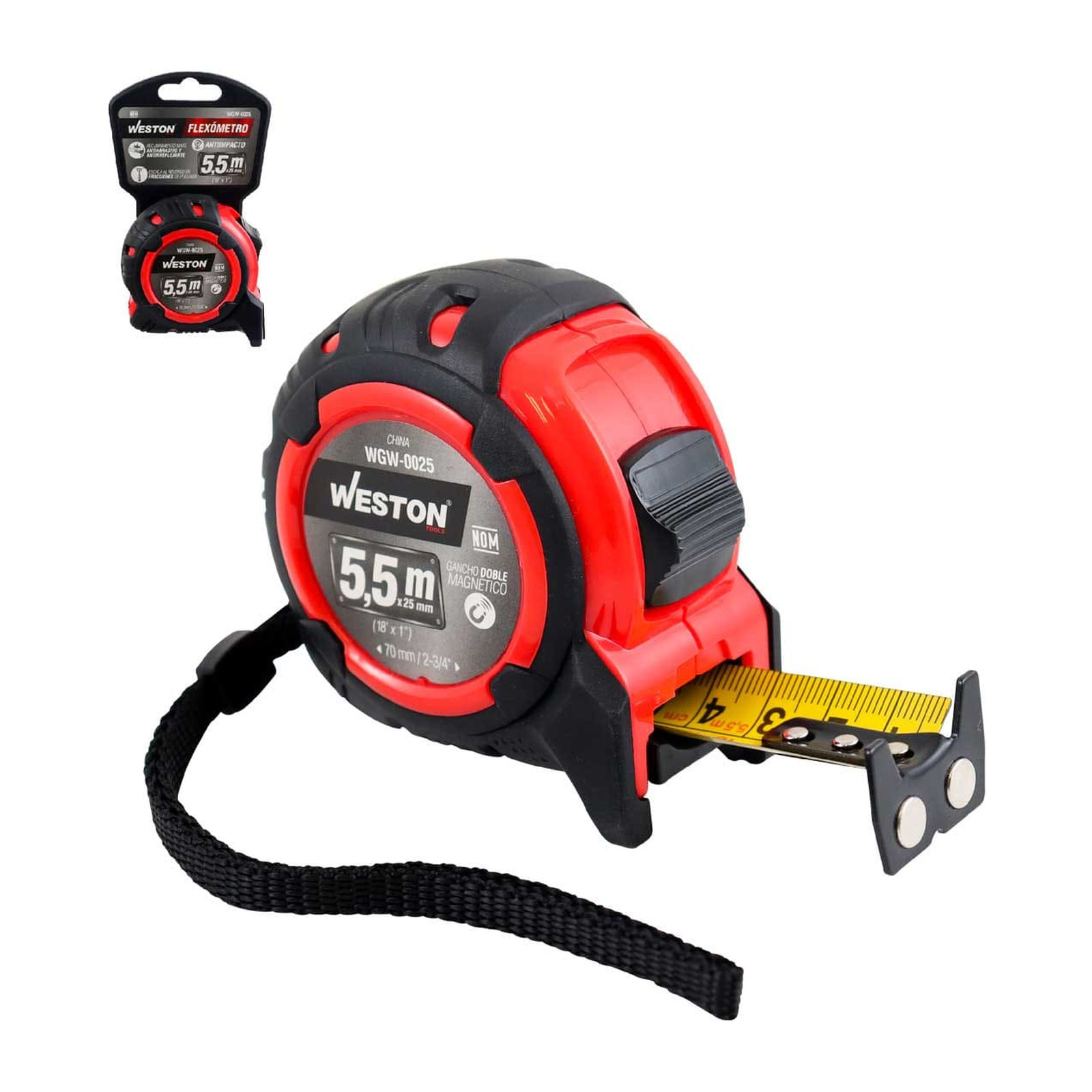 Flexómetro 5.5 m x 25 mm Rojo Anti Impacto Weston