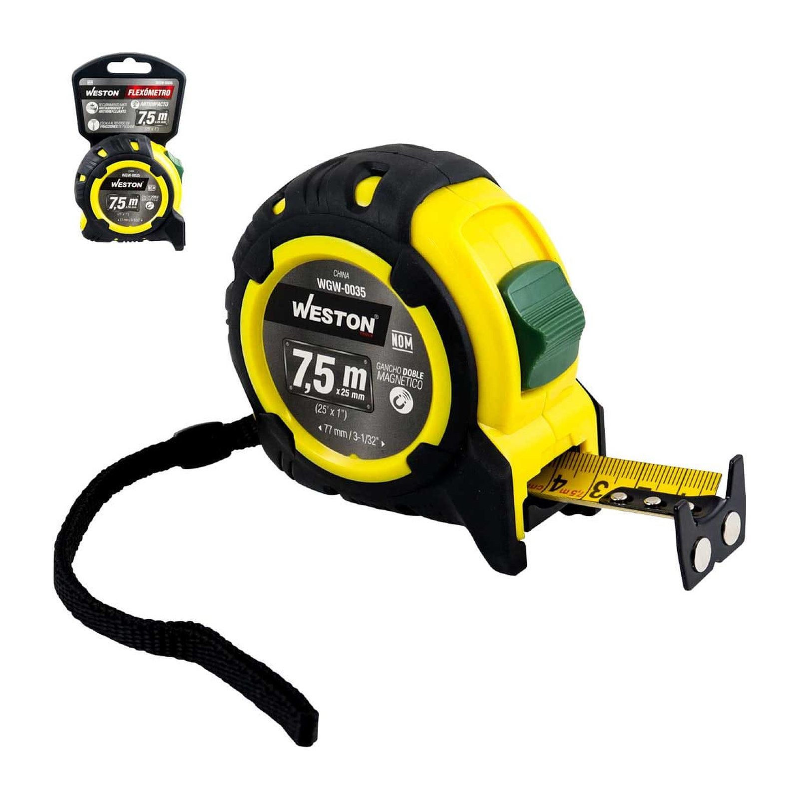 Flexómetro 7.5 m x 25 mm Amarillo Anti Impacto WESTON