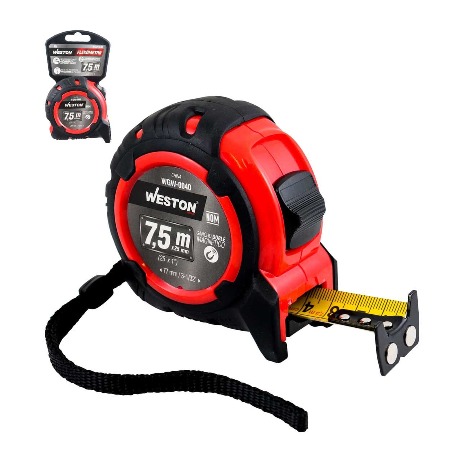 Flexómetro Anti Impacto 7.5 m x 25 mm Rojo Weston
