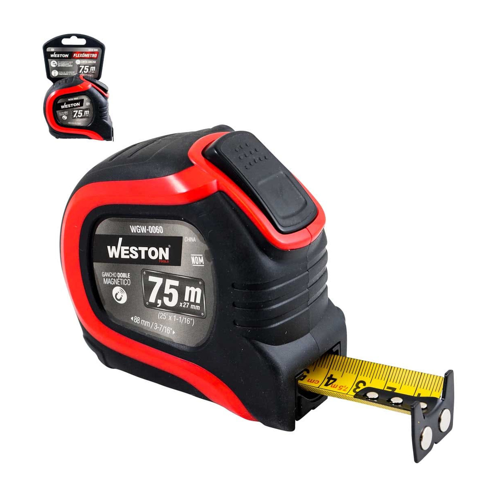 Flexómetro Weston 7.5 m x 27 mm Cinta Ancha Rojo