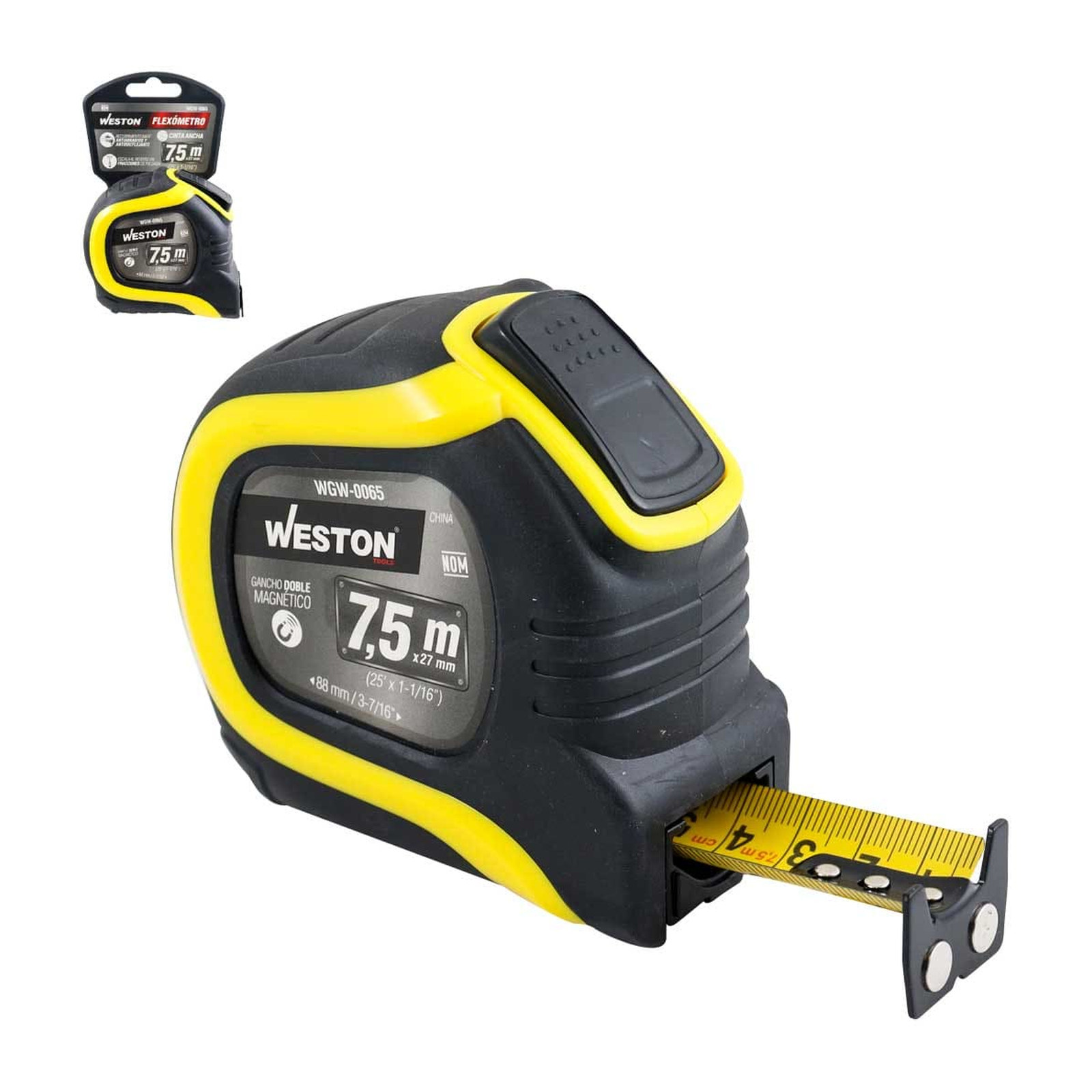 Flexómetro Weston 7.5 m x 27 mm Cinta Ancha Amarillo