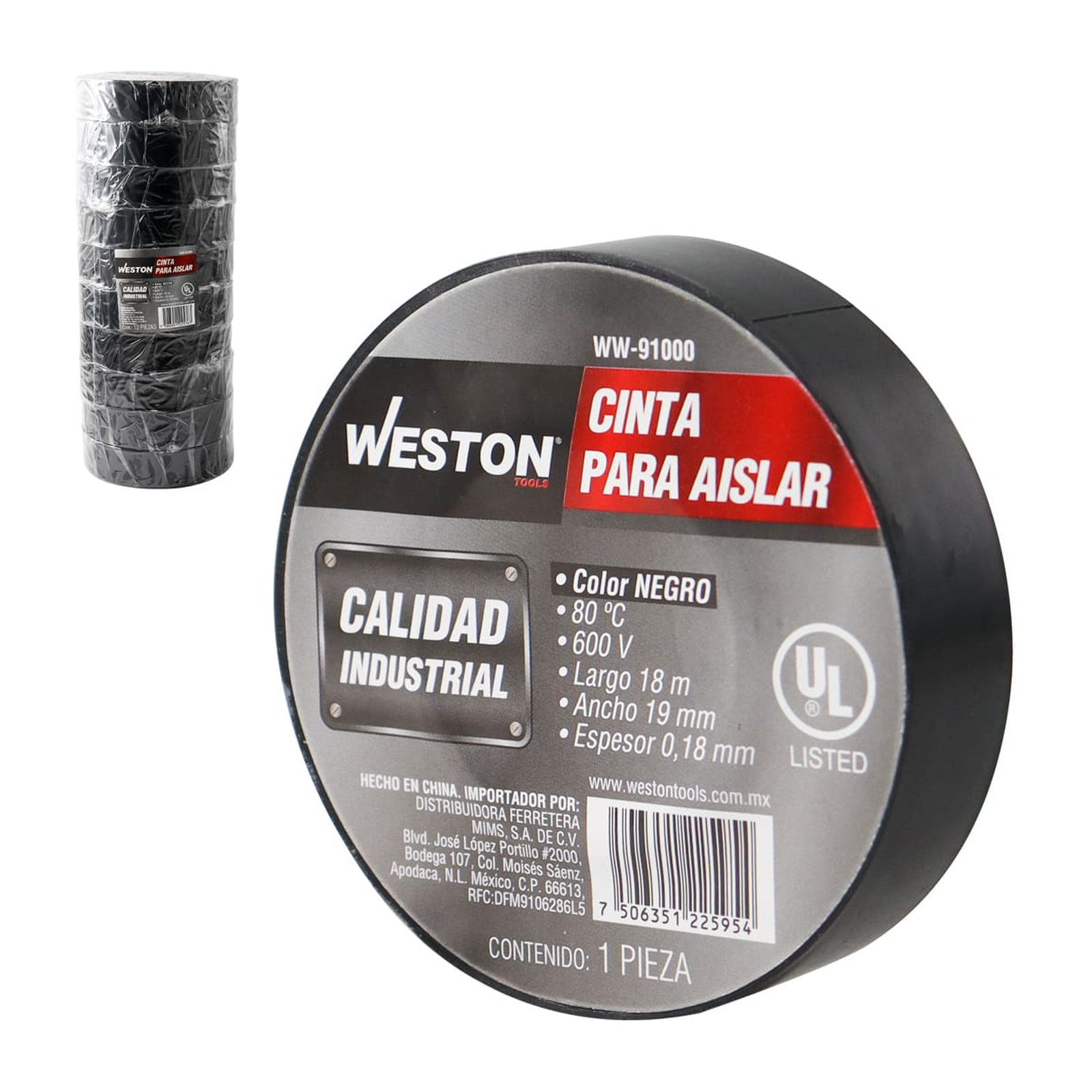 Cinta para Aislar WESTON 18 m x 19 mm Color Negro (Empaque c/10 pzas)
