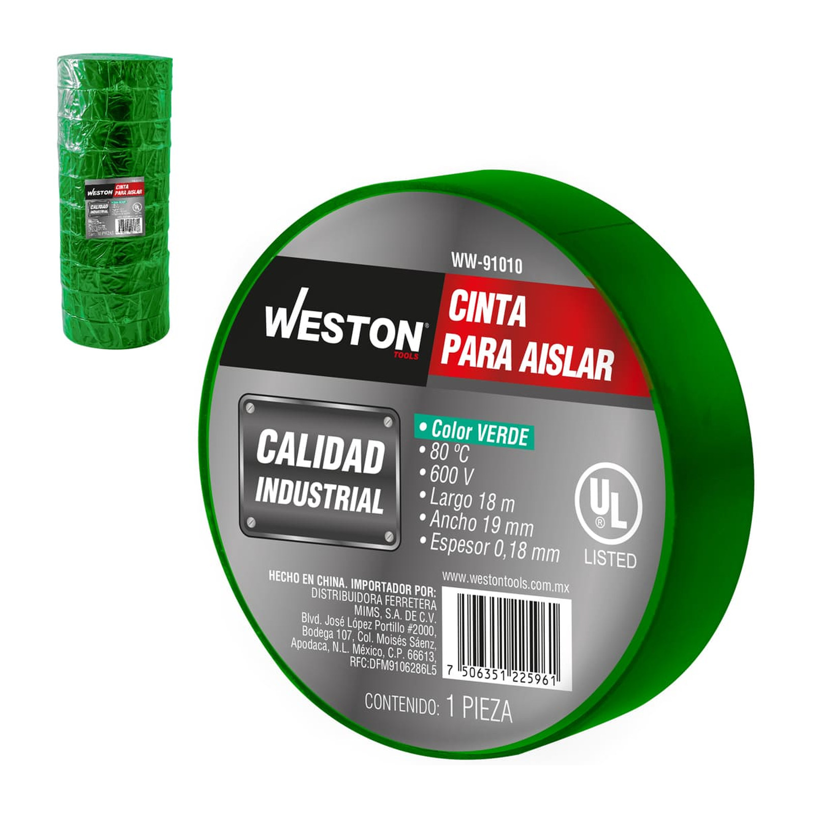 Cinta para Aislar Verde 18 m x 19 mm WESTON - Empaque c/10 pzas