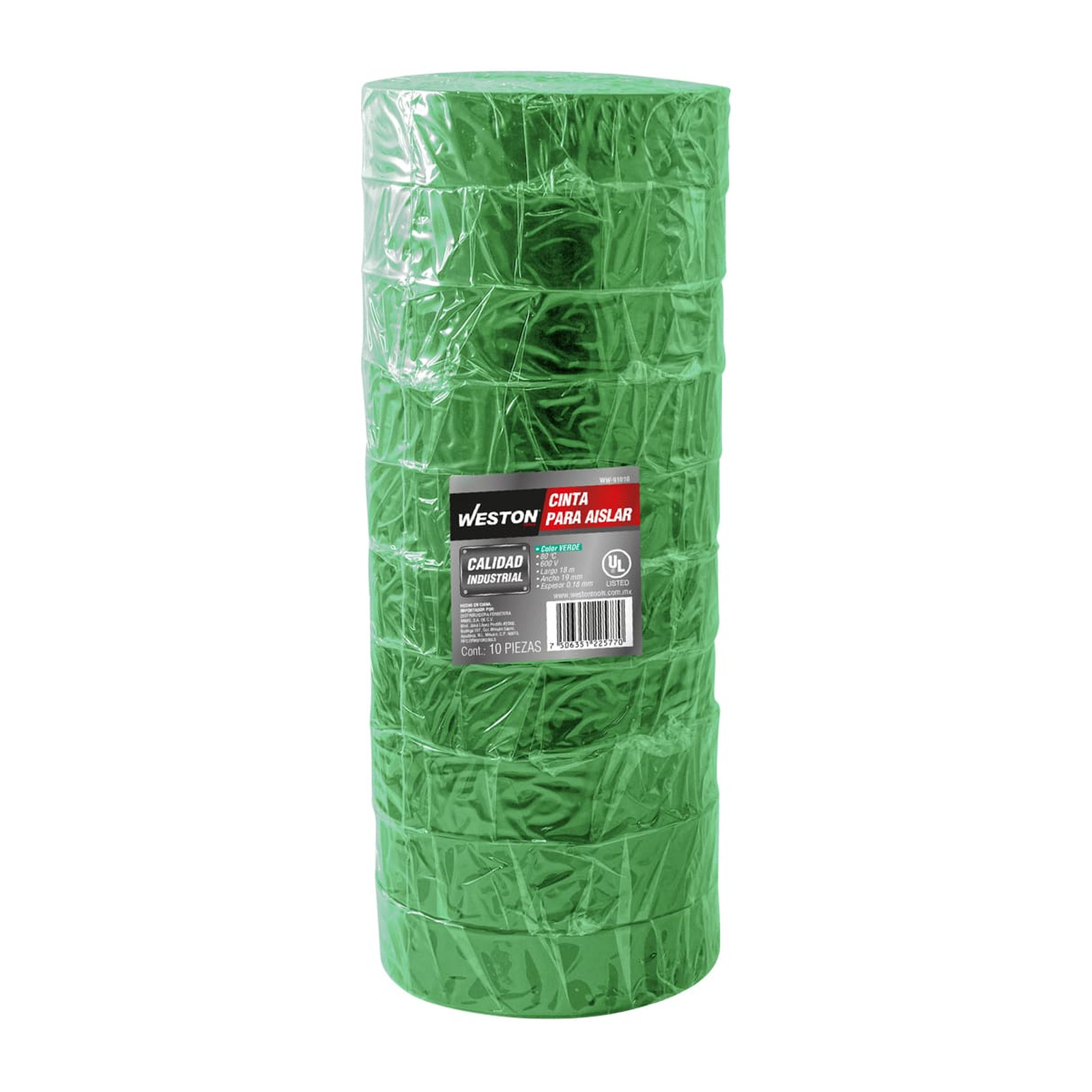 CINTA PARA AISLAR 18 m X 19 mm COLOR VERDE (Precio x Empaque - Empaque c/10 pzas) - Imagen 2
