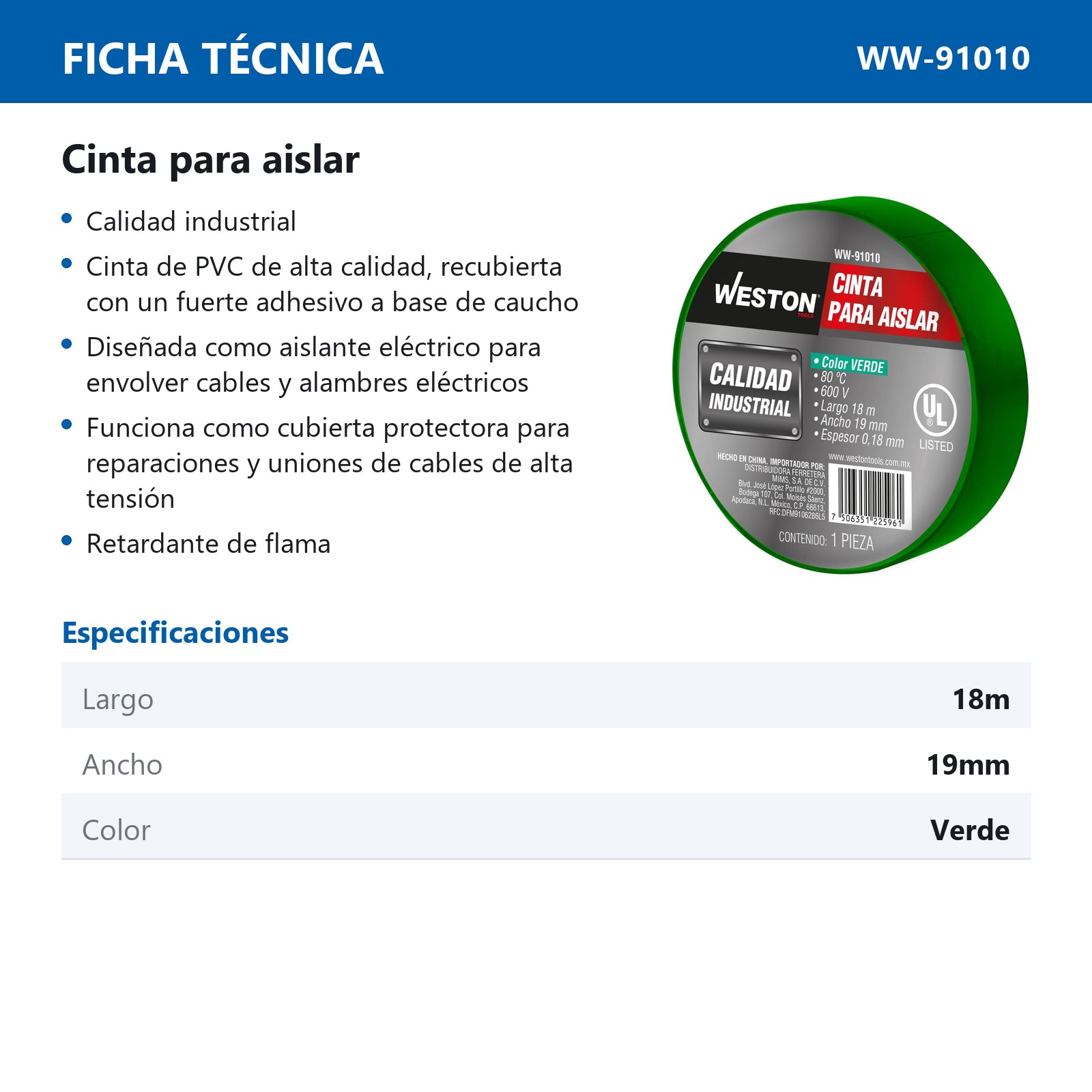 CINTA PARA AISLAR 18 m X 19 mm COLOR VERDE (Precio x Empaque - Empaque c/10 pzas) - Imagen 3