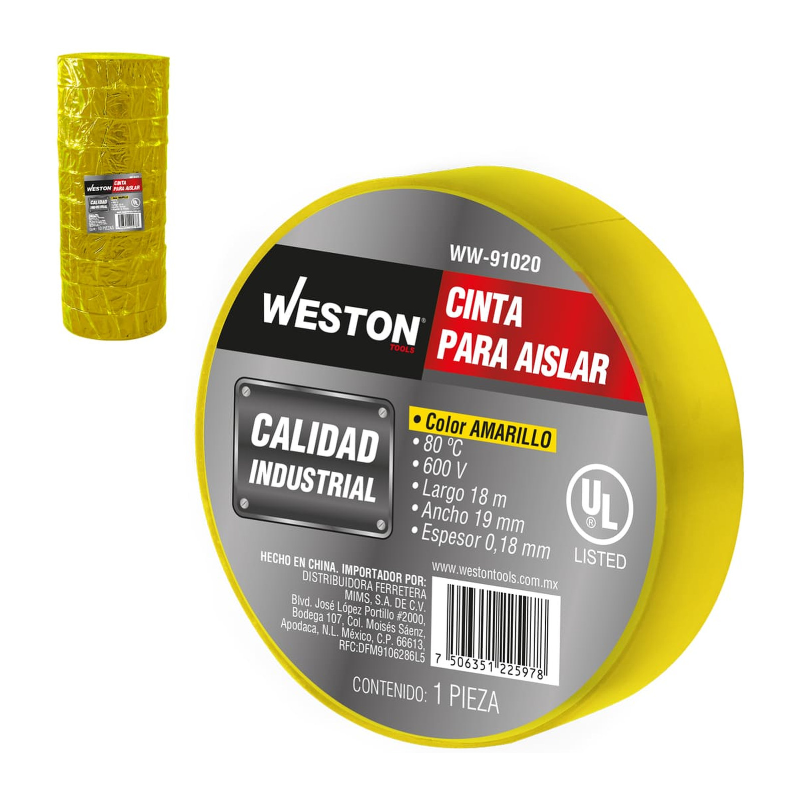 Cinta para Aislar 18 m x 19 mm Color Amarillo WESTON (Empaque c/10 pzas)