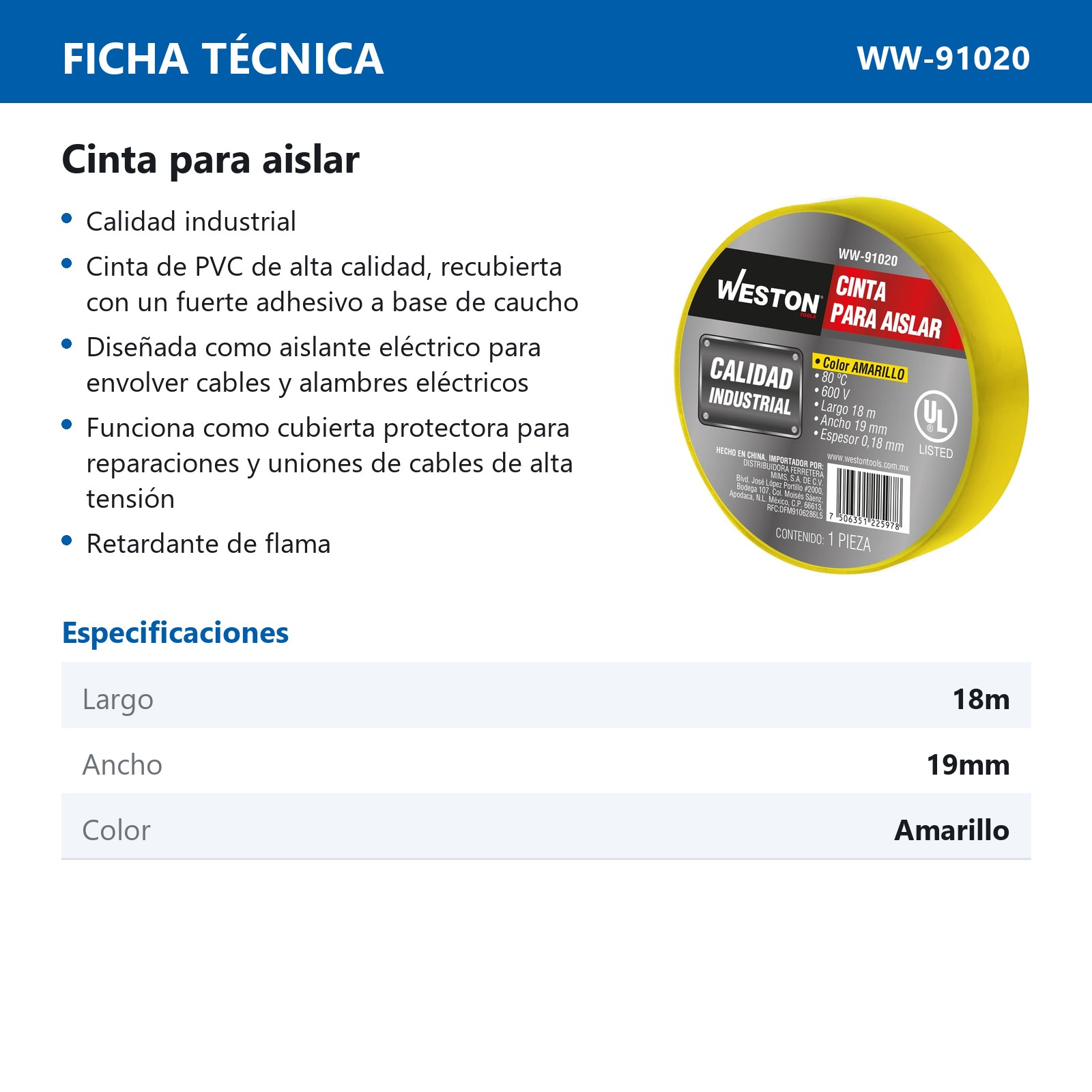 CINTA PARA AISLAR 18 m X 19 mm COLOR AMARILLO (Precio x Empaque - Empaque c/10 pzas) - Imagen 3