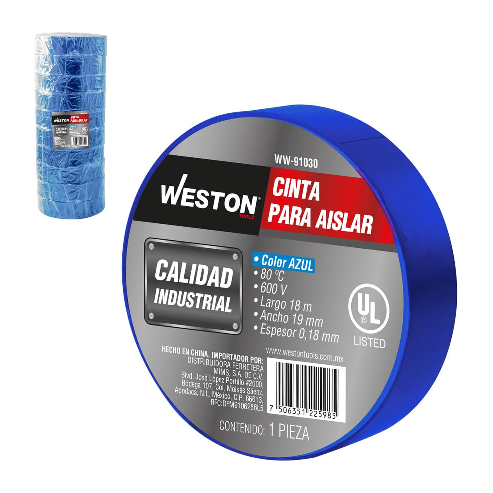 Cinta para Aislar Azul 18 m x 19 mm WESTON (Empaque con 10 piezas)