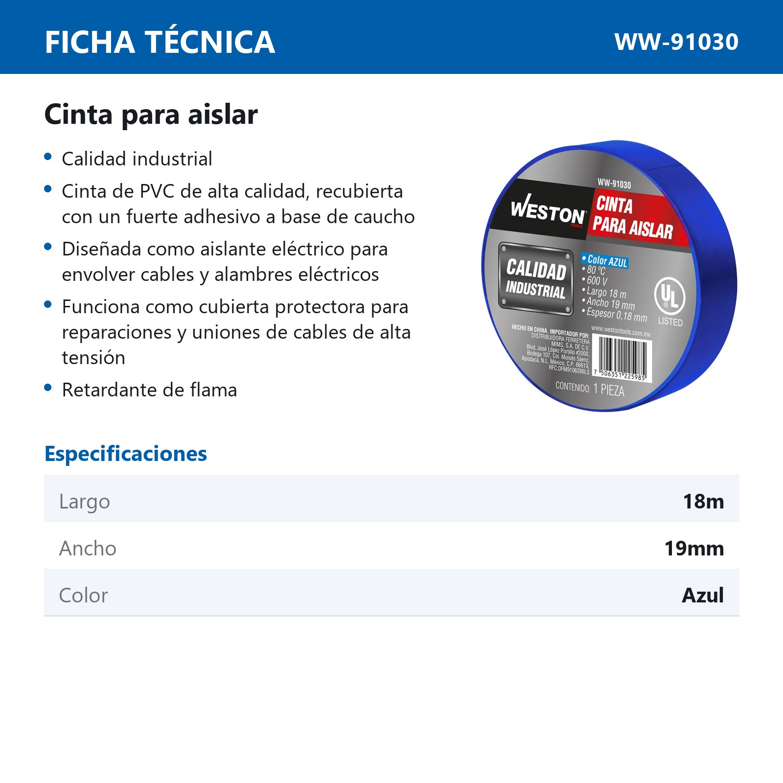 CINTA PARA AISLAR 18 m X 19 mm COLOR AZUL (Precio x Empaque - Empaque c/10 pzas) - Imagen 3