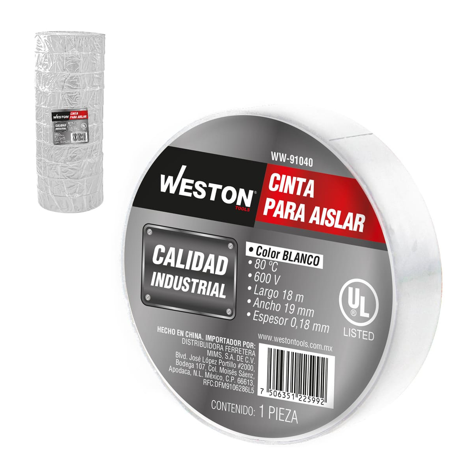 Cinta para Aislar Weston 18 m x 19 mm Color Blanco (Empaque con 10 piezas)