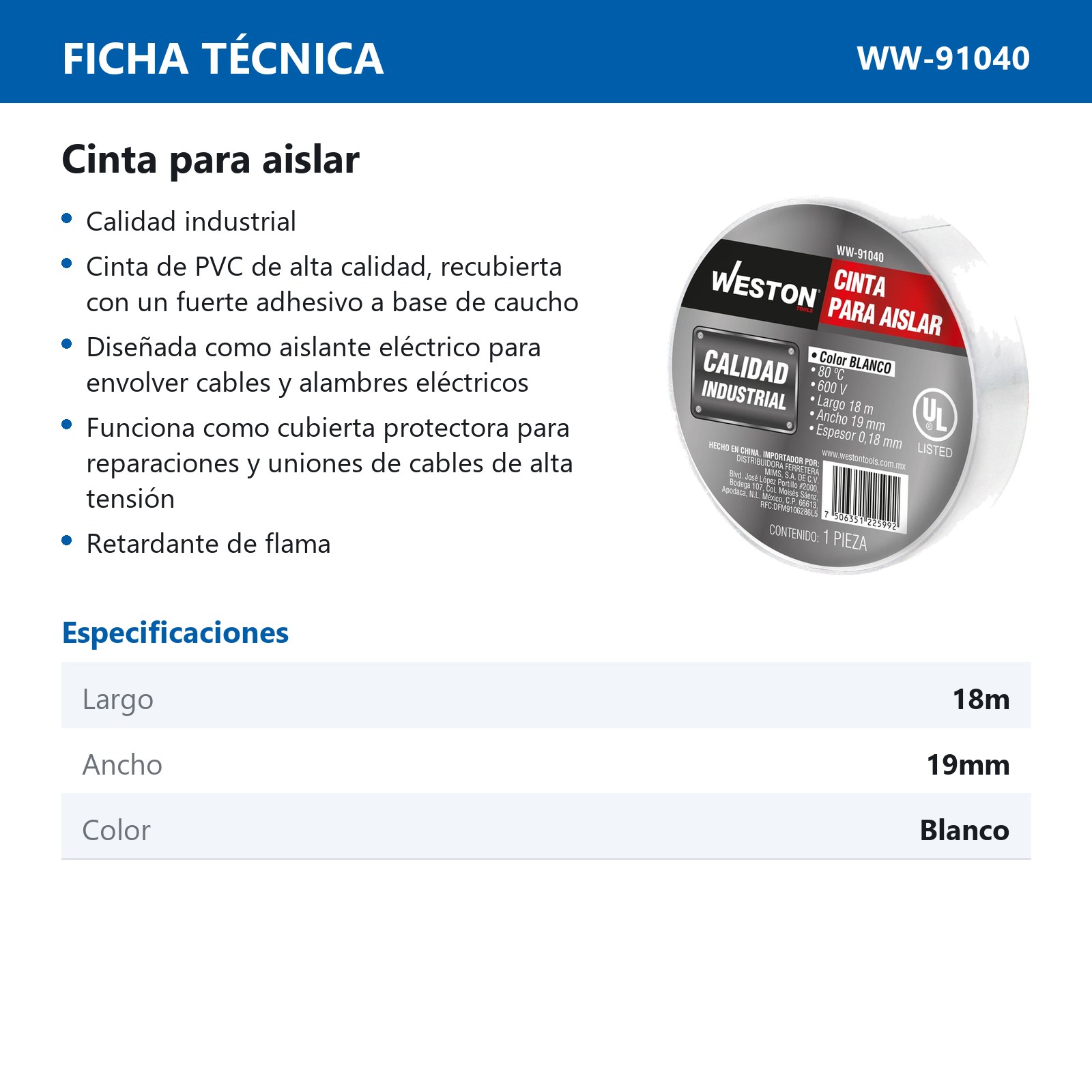 CINTA PARA AISLAR 18 m X 19 mm COLOR BLANCO (Precio x Empaque - Empaque c/10 pzas) - Imagen 3