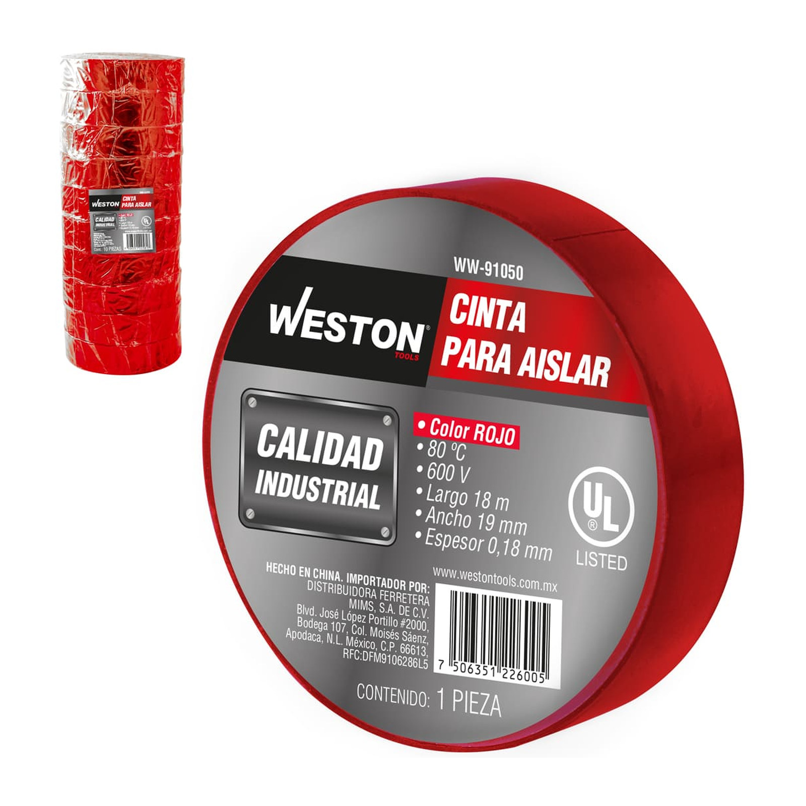 Cinta para Aislar Roja 18 m x 19 mm WESTON (Empaque c/10 pzas)