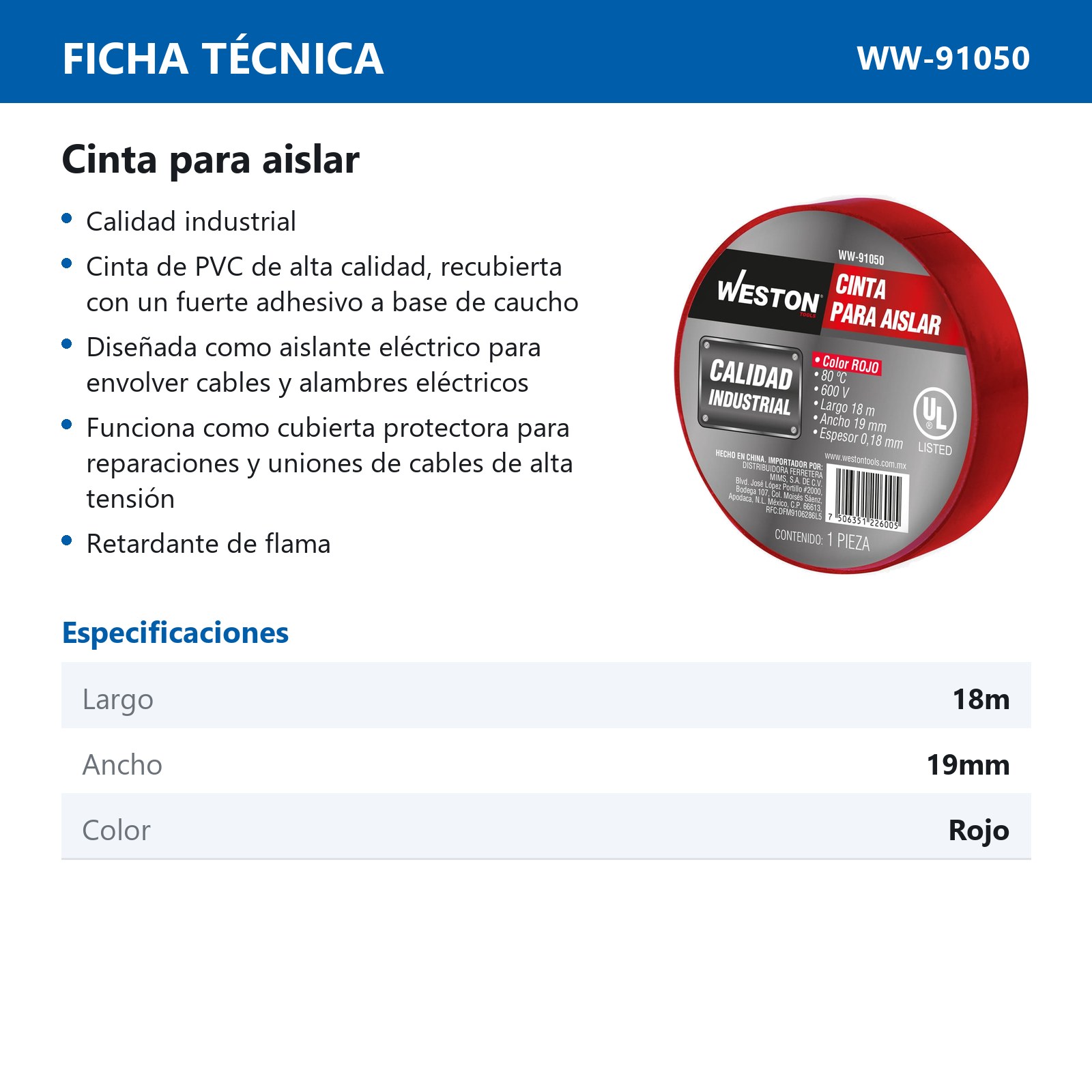CINTA PARA AISLAR 18 m X 19 mm COLOR ROJO (Precio x Empaque - Empaque c/10 pzas) - Imagen 3