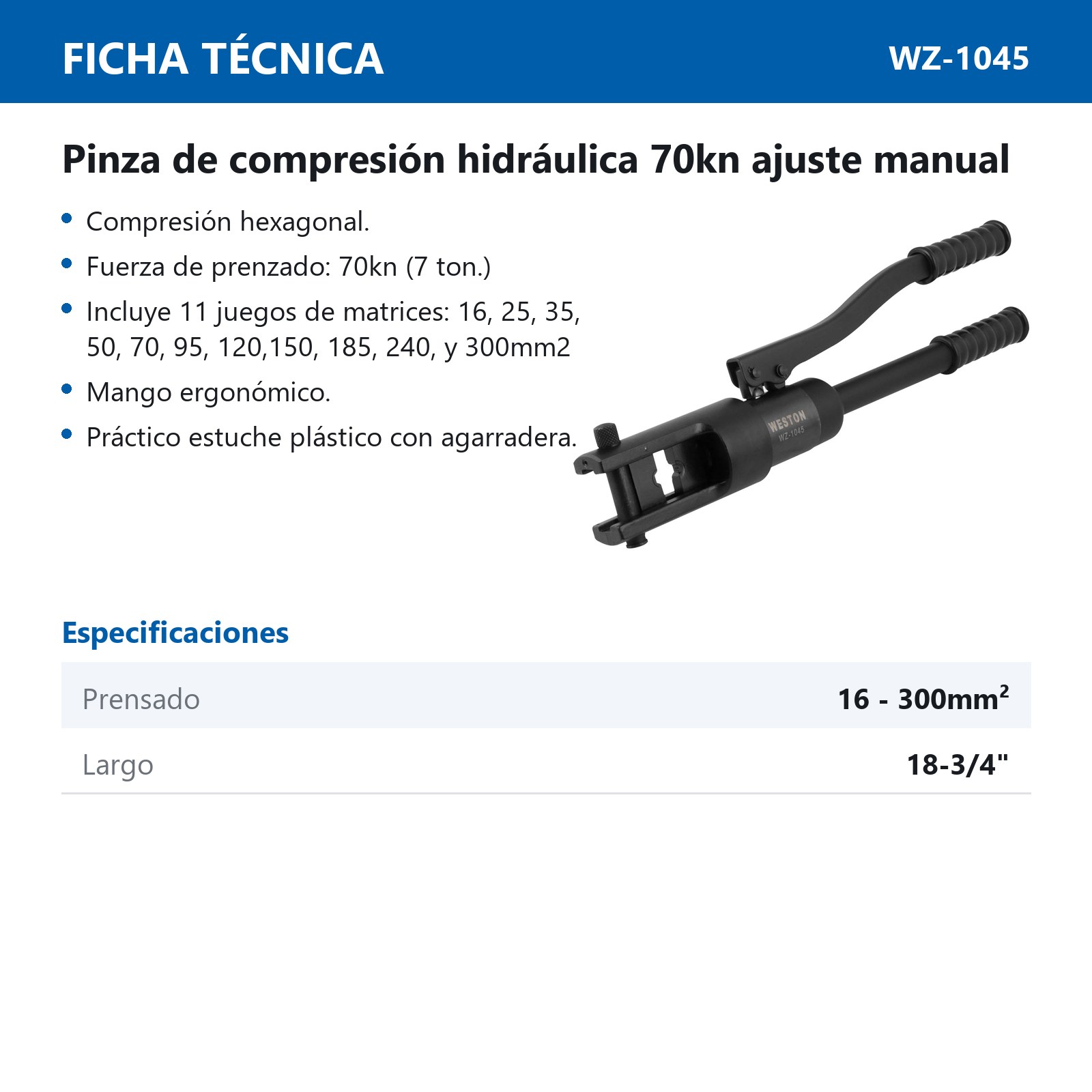 PINZA DE COMPRESION HIDRAULICA  70KN (10-300MM) AJUSTE MANUAL - Imagen 2