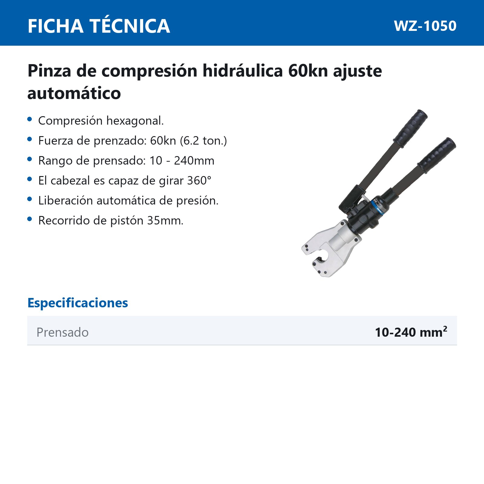 PINZA DE COMPRESION HIDRAULICA 60KN (HASTA 240MM) AJUSTE AUTOMATICO - Imagen 2