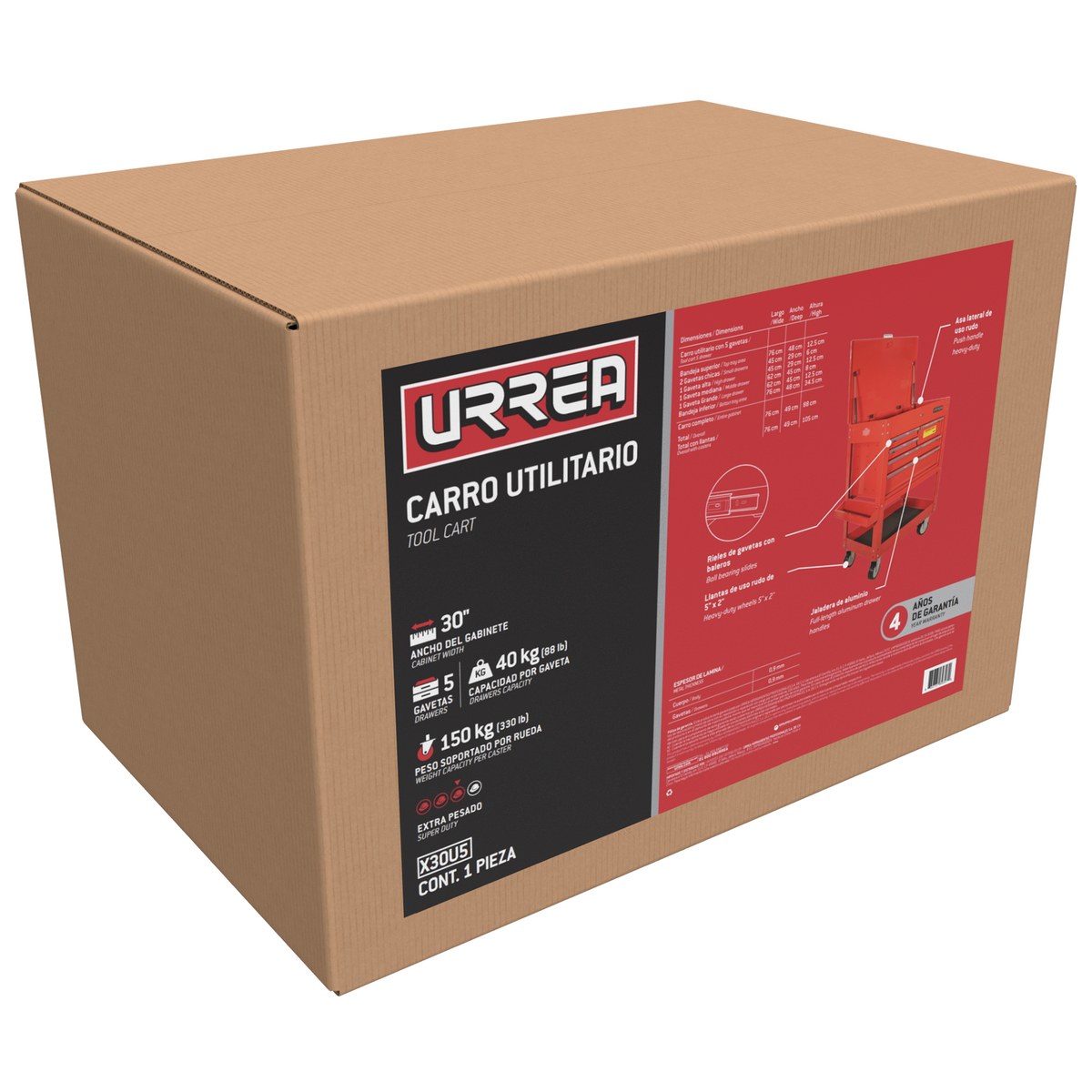 Carro utilitario de lámina 5 gavetas 30" Urrea - Imagen 2