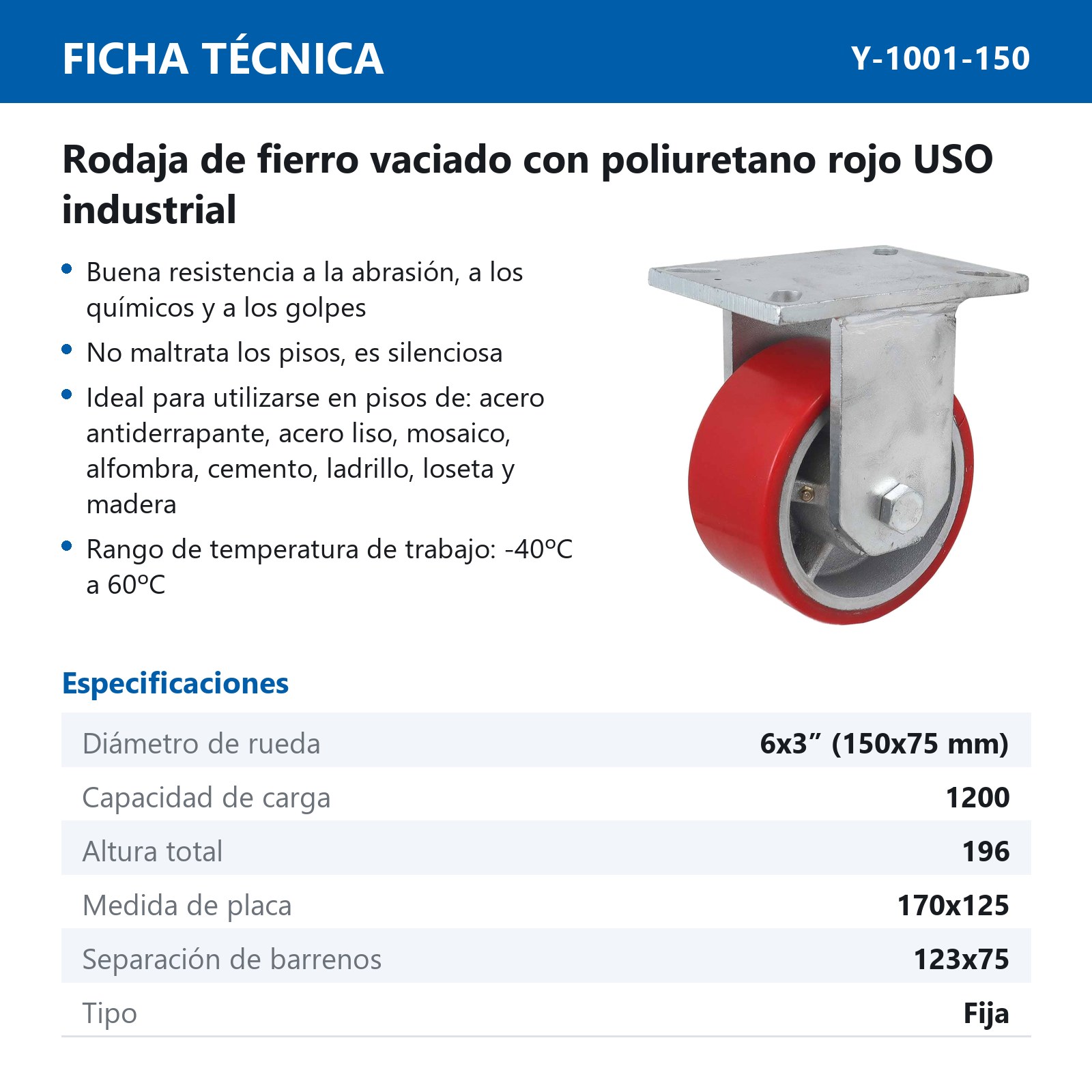 RODAJA FIERRO VACIADO C/PU ROJA FIJA 6" X 3" (152*75MM) - Imagen 2