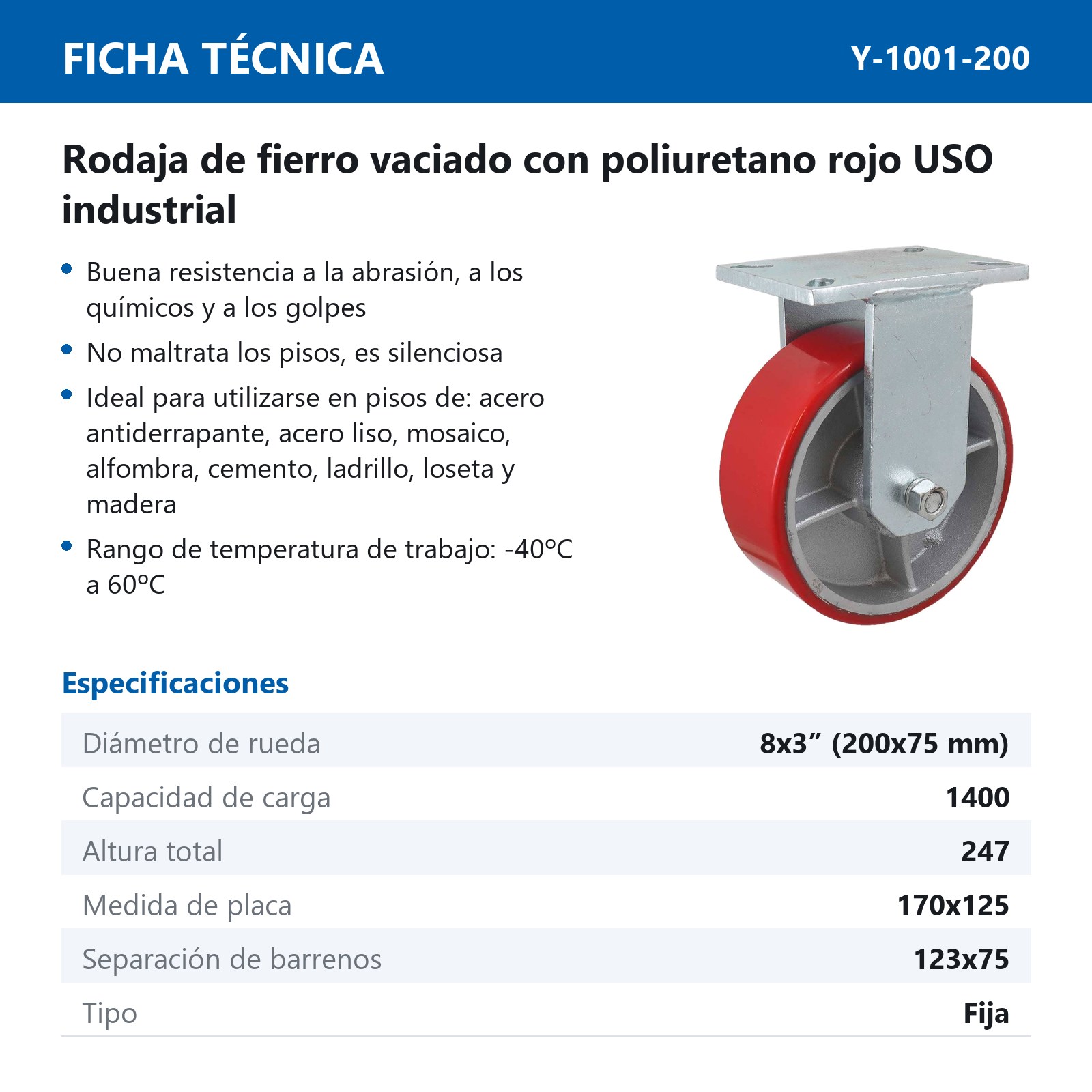 RODAJA FIERRO VACIADO C/PU ROJA FIJA 8" X 3" (203*75MM) - Imagen 2