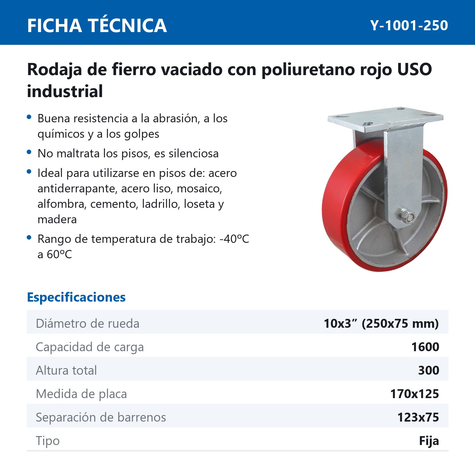 RODAJA FIERRO VACIADO C/PU ROJA FIJA 10" X 3" (254*75MM) - Imagen 2