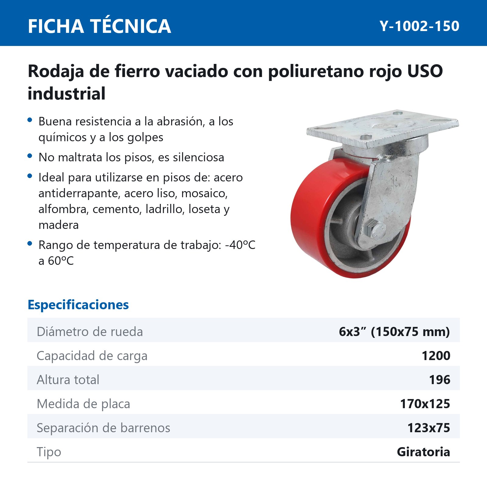 RODAJA FIERRO VACIADO C/PU ROJA GIR. 6" X 3" (152*75MM) - Imagen 2