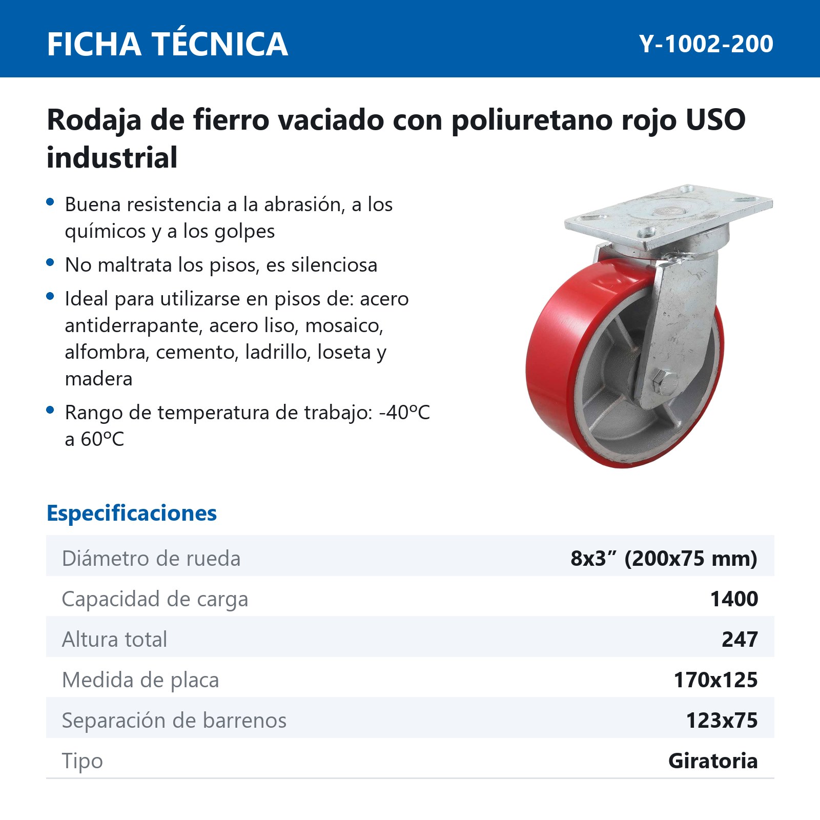 RODAJA FIERRO VACIADO C/PU ROJA GIR. 8" X 3" (203*75MM) - Imagen 2