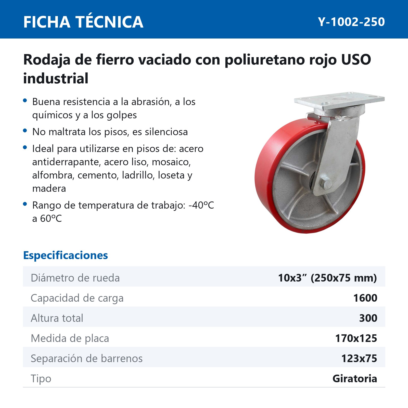 RODAJA FIERRO VACIADO C/PU ROJA GIR. 10" X 3" (254*75MM) - Imagen 2