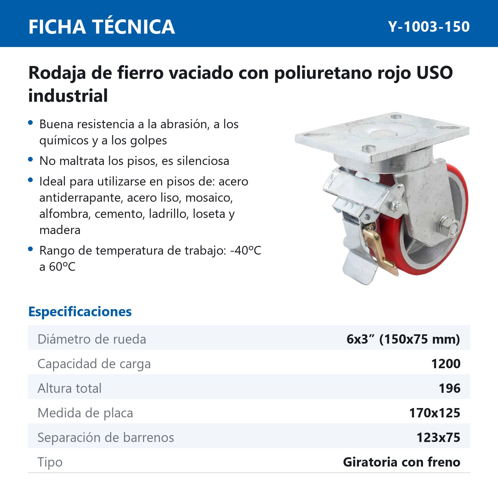 RODAJA FIERRO VACIADO C/PU ROJA GIR. C/FRENO 6" X 3" (152*75MM) - Imagen 2