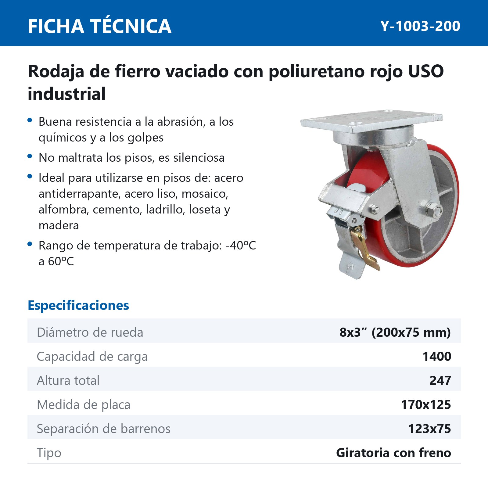 RODAJA FIERRO VACIADO C/PU ROJA GIR. C/FRENO 8" X 3" (203*75MM) - Imagen 2
