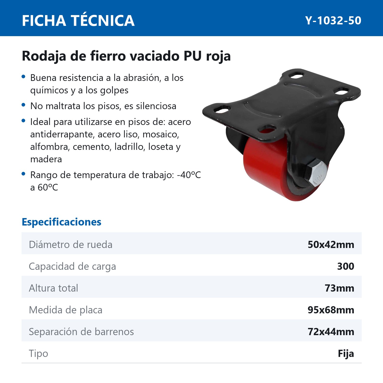 RODAJA FIERRO VACIADO C/PU ROJA FIJA HORQUILLA NEGRA 2" (50*42MM) - Imagen 2