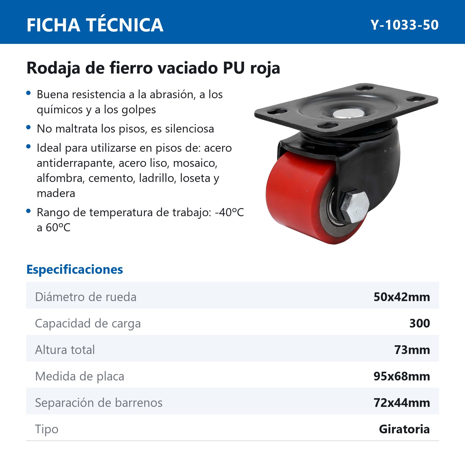 RODAJA FIERRO VACIADO C/PU ROJA GIR. HORQUILLA NEGRA 2" (50*42MM) - Imagen 2