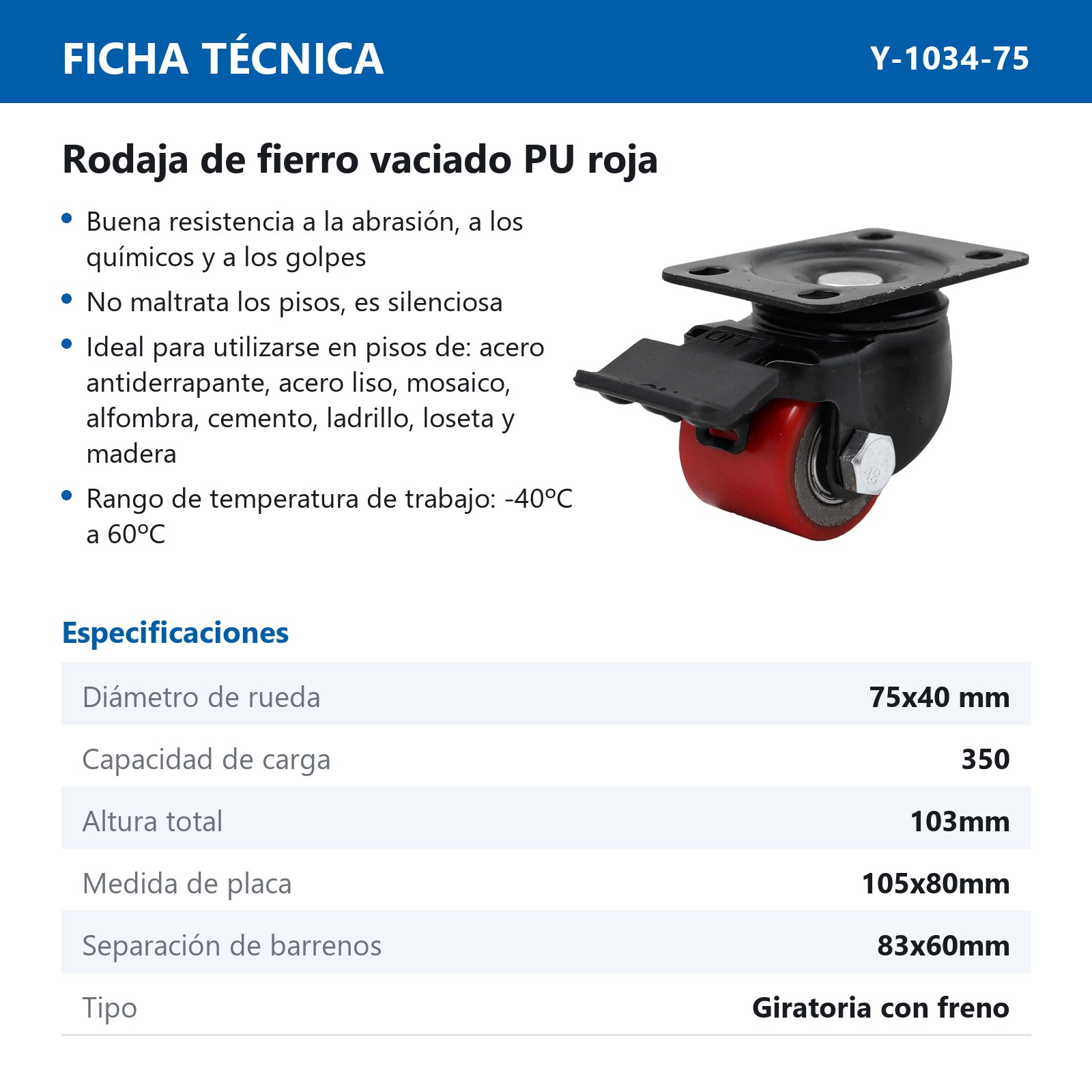 RODAJA FIERRO VACIADO C/PU ROJA GIR. C/FRENO HORQUILLA NEGRA 3" (75X40MM) - Imagen 2