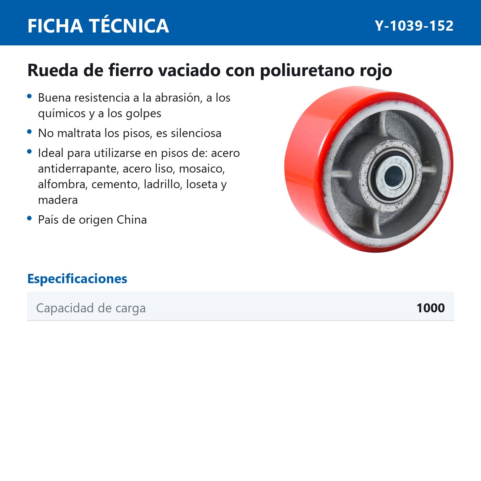 RUEDA FIERRO VACIADO C/PU ROJA 6X3" C/BALERO - Imagen 3